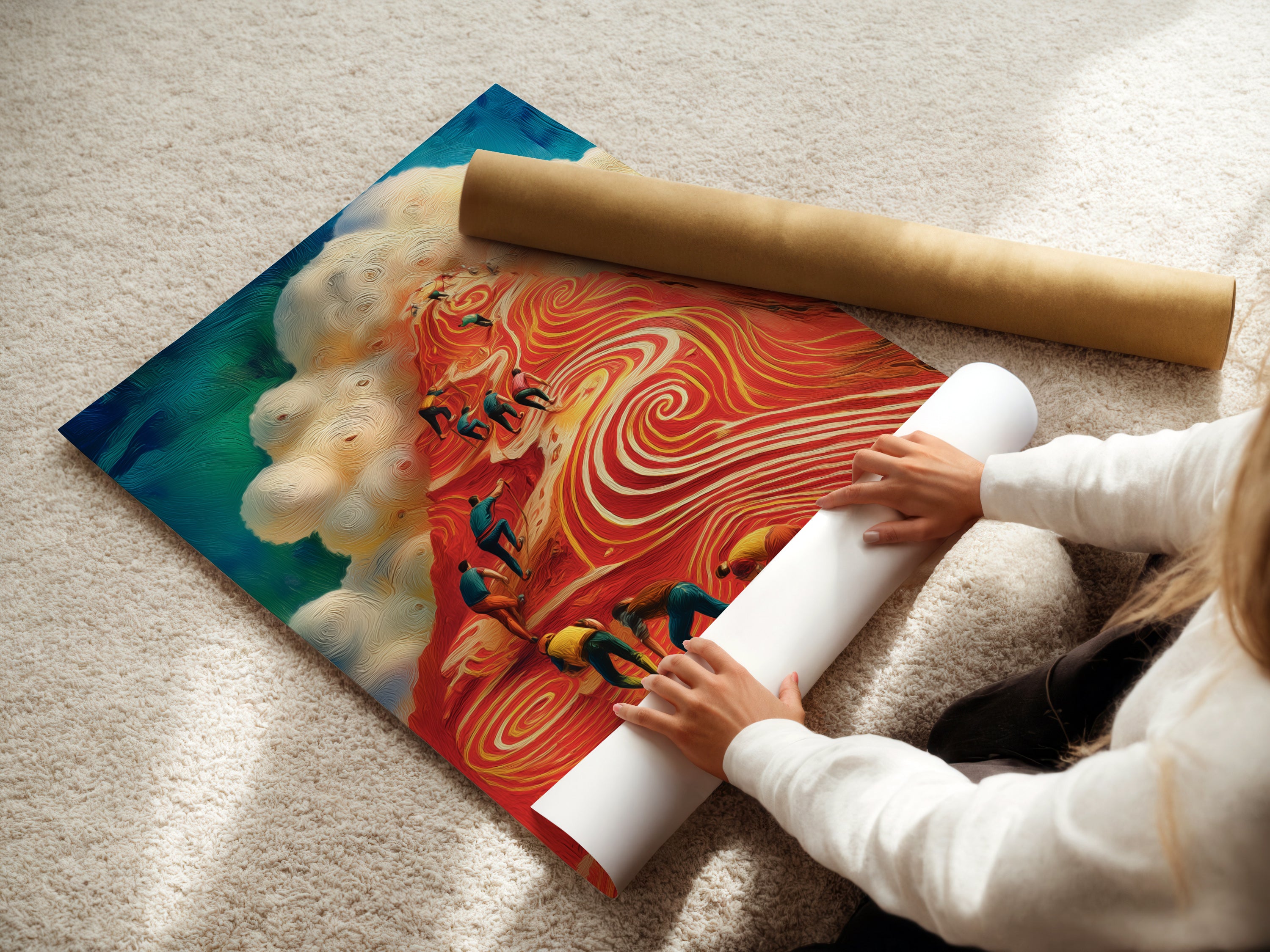 A woman is carefully rolling a fine art poster paper of the Mountain Climbers artwork. This high-quality poster is perfect for adding motivational art to your office. Ideal for adventure seekers and team leaders. Get inspired with this stunning red peak artwork.