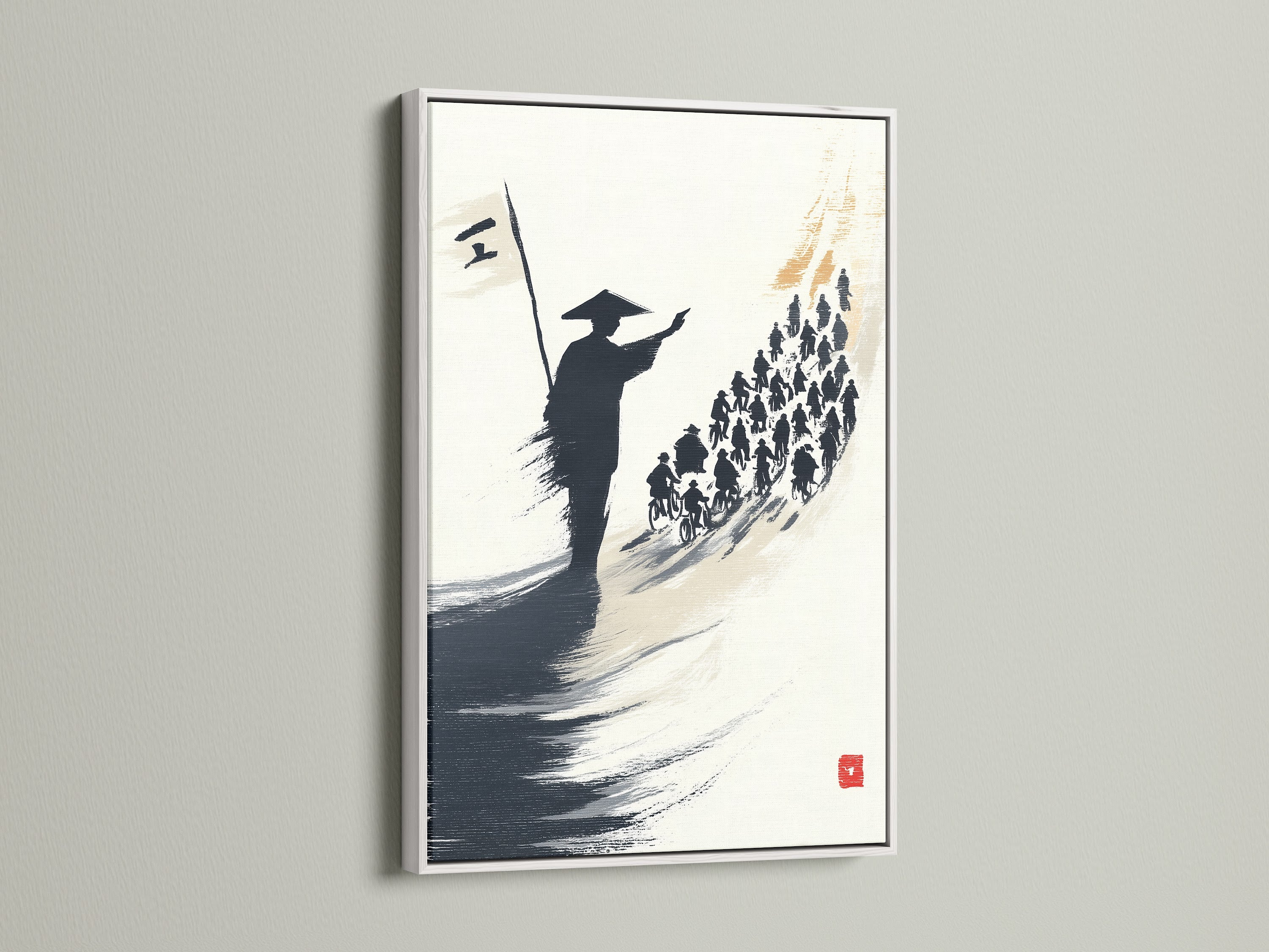 A white frame highlights samurai artwork. This Japanese print is ideal for bedroom wall decor. The warrior canvas adds an asian touch. The artwork is an ink wash painting. Enhance your office wall art with this piece.