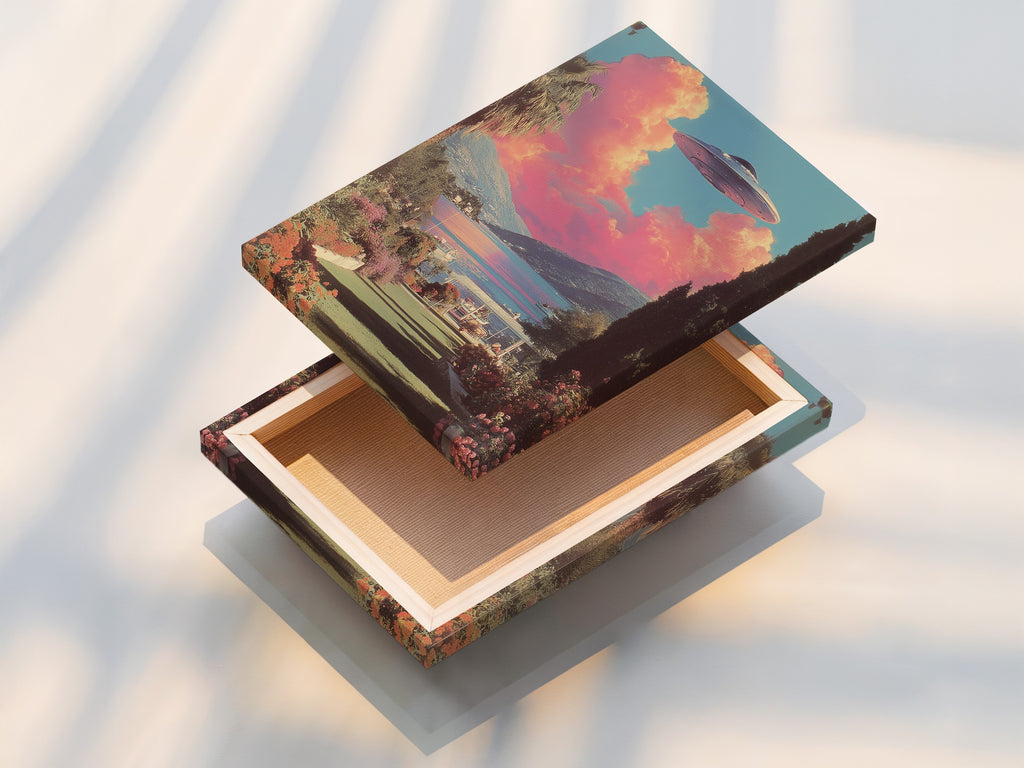 This is a stretched canvas print of a retro alien landscape. It is ready to hang and instantly elevate your space. The UFO wall art brings a touch of surreal sci-fi to any room. Its vibrant colors and unique style make it a standout piece. Primary color is pink.