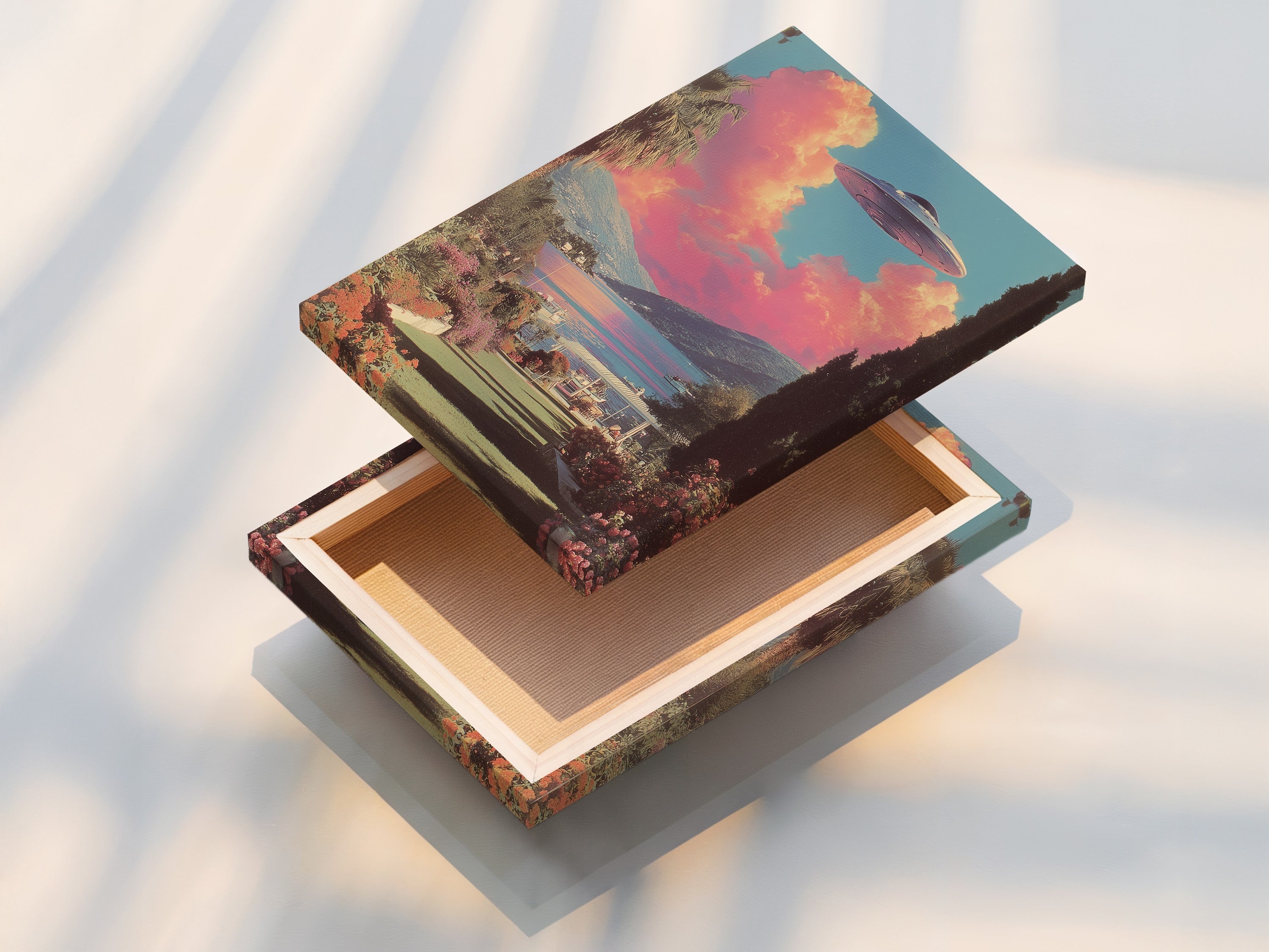 This is a stretched canvas print of a retro alien landscape. It is ready to hang and instantly elevate your space. The UFO wall art brings a touch of surreal sci-fi to any room. Its vibrant colors and unique style make it a standout piece. Primary color is pink.