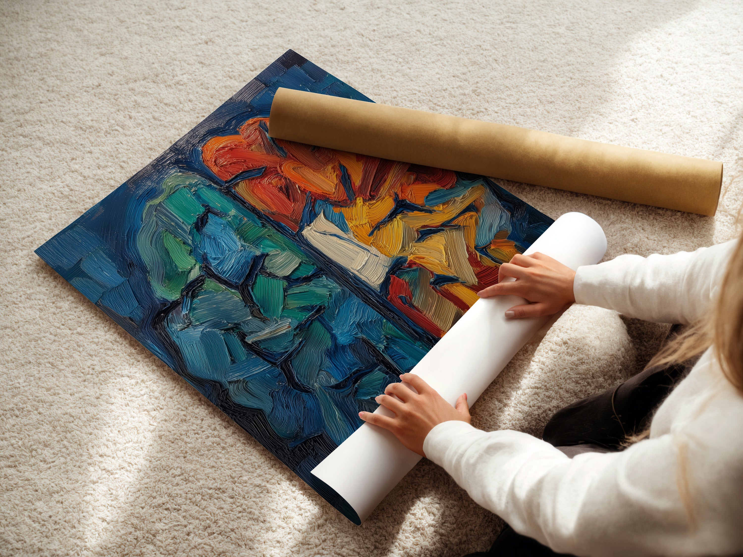 A woman is carefully rolling a fine art poster paper print. The abstract brain art is ready for framing. Perfect for adding a personal touch to your decor. This neuroscience print is ideal for medical professionals or art lovers. Bring science and art together.