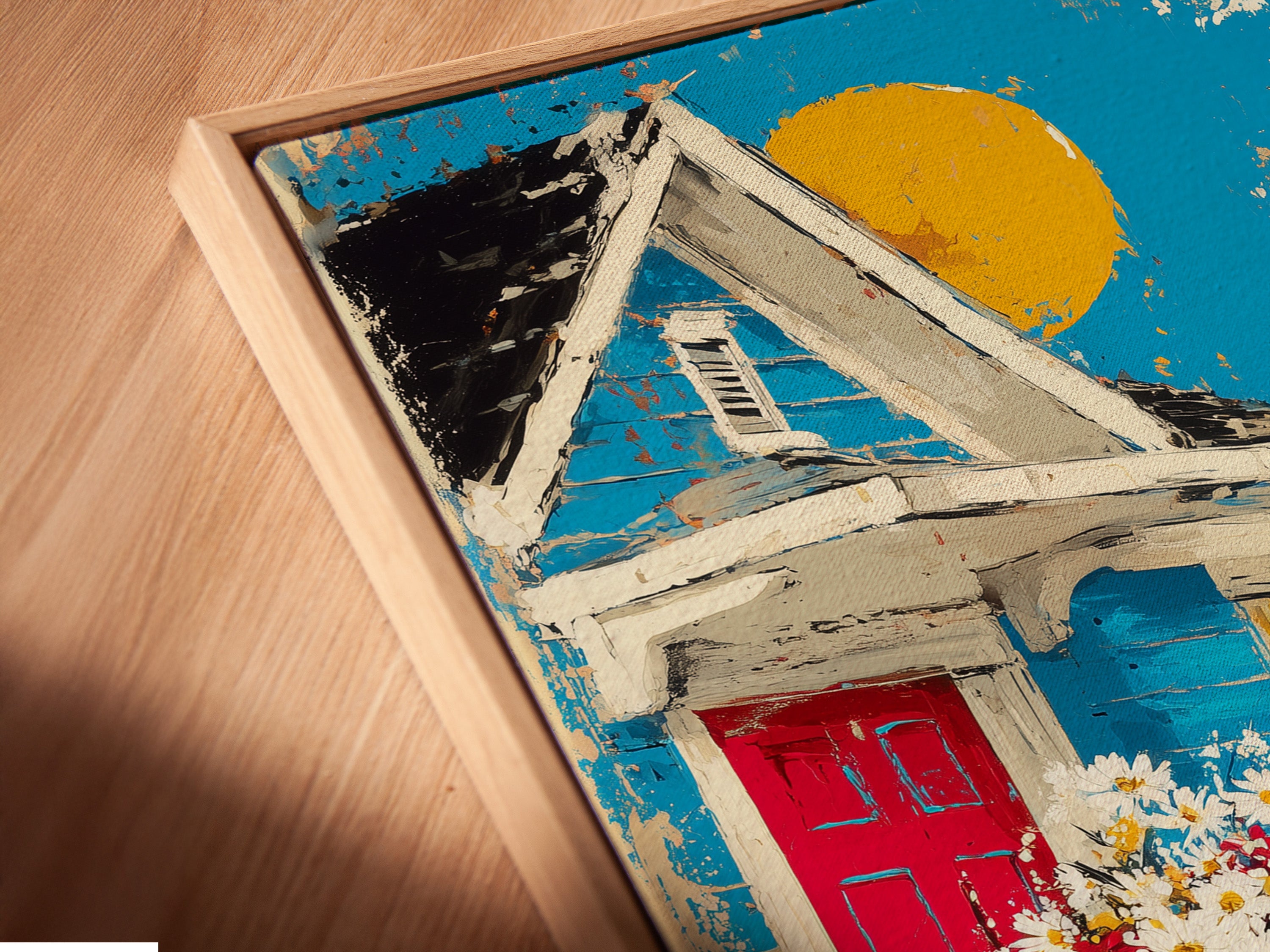 Close-up of the Cottage Garden canvas print in a floating frame. The floating frame gives the artwork a modern look. The image showcases a vintage red bicycle with a flower-filled basket. Garden print adds depth and enhances the colors.