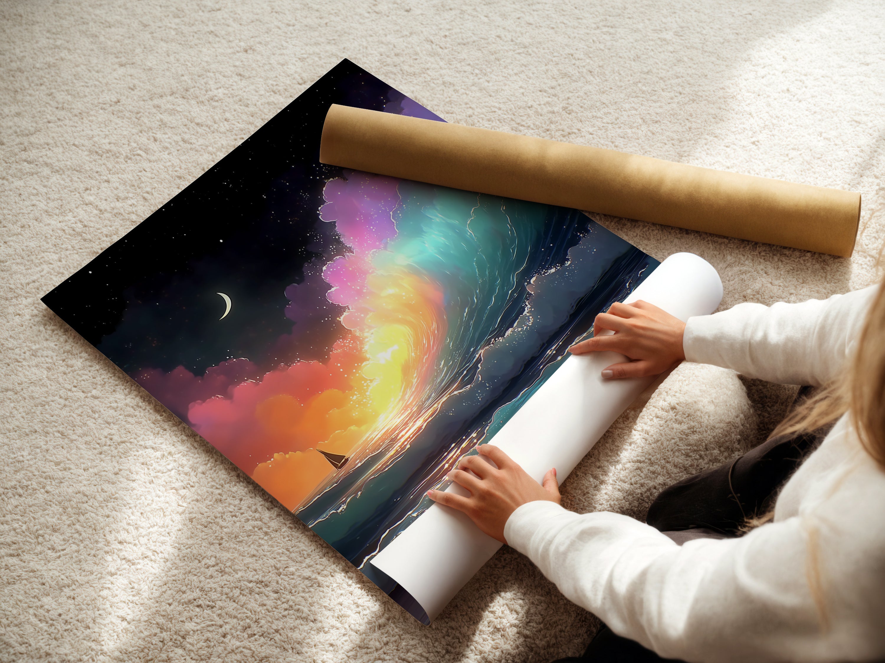 A woman is carefully rolling a fine art poster paper. This paper features an ocean wave artwork. The artwork showcases a pastel sky. Perfect for creating coastal artwork. It enhances bedroom wall decor.