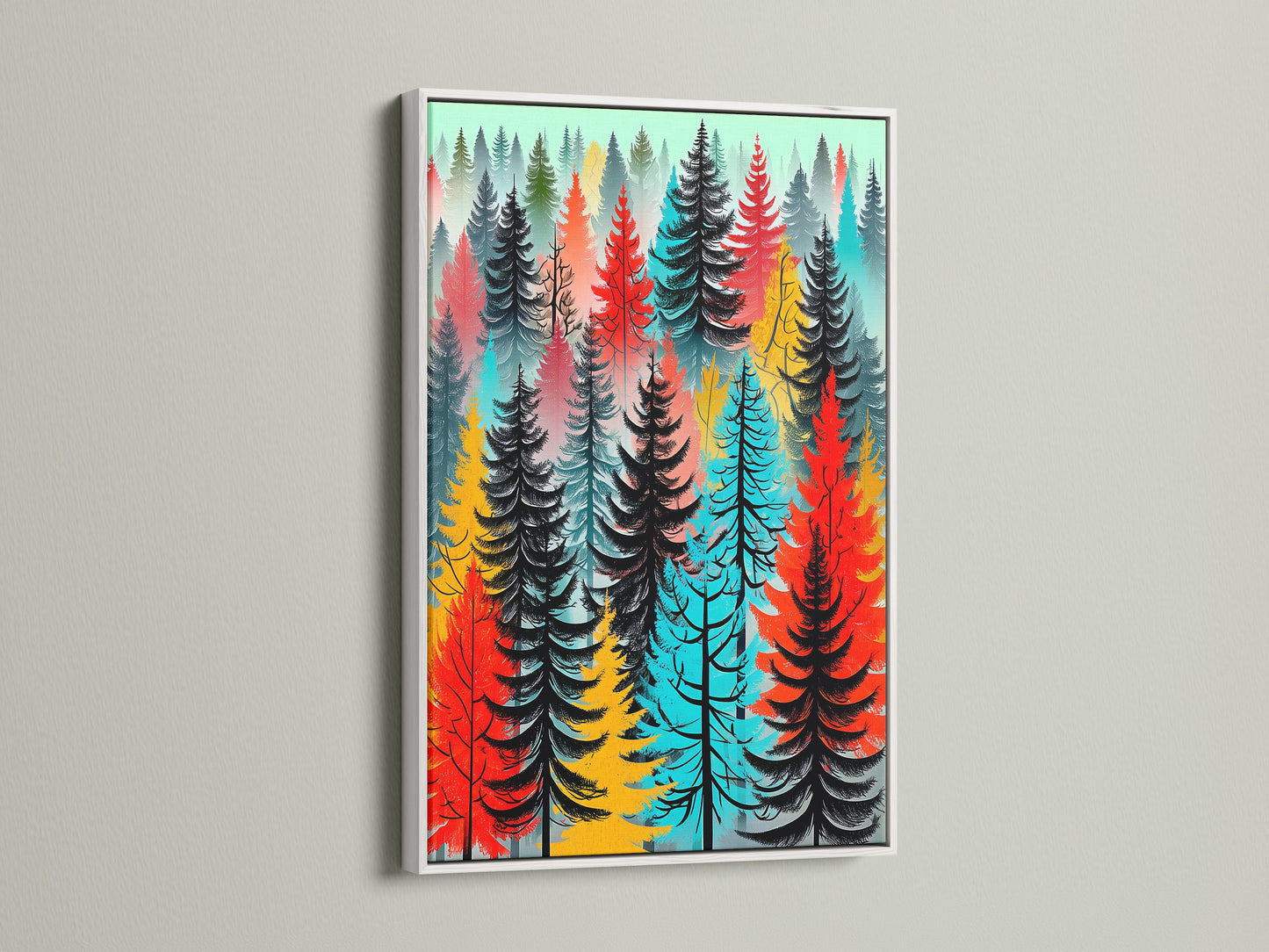 Colorful forest artwork in a white frame. This abstract tree wall art brightens any room with modern woodland charm. The vibrant nature print features red turquoise and black trees. This tree canvas complements scandi decor and adds a fresh touch. Ideal for living room wall art or bedroom wall decor. Perfect for wall decoration.