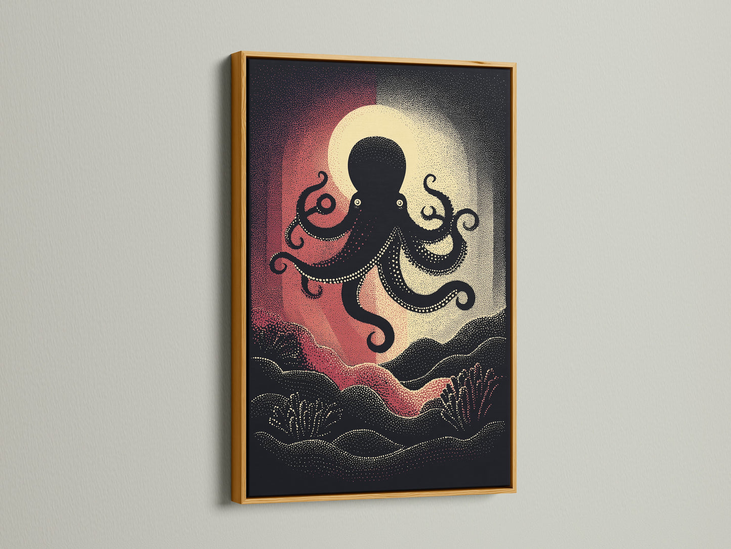 The octopus canvas print is displayed in a gold frame. The gold frame adds a touch of luxury to the nautical wall art. The vintage sea creature artwork looks opulent and elegant. A great addition to any coastal home decor. The ocean themed art shines.
