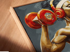 A close-up angled view shows a canvas print of a fitness artwork in a floating frame. This motivational gym artwork features a strong woman weightlifting. Perfect for adding inspiration to your home gym. Add style to your workout space.