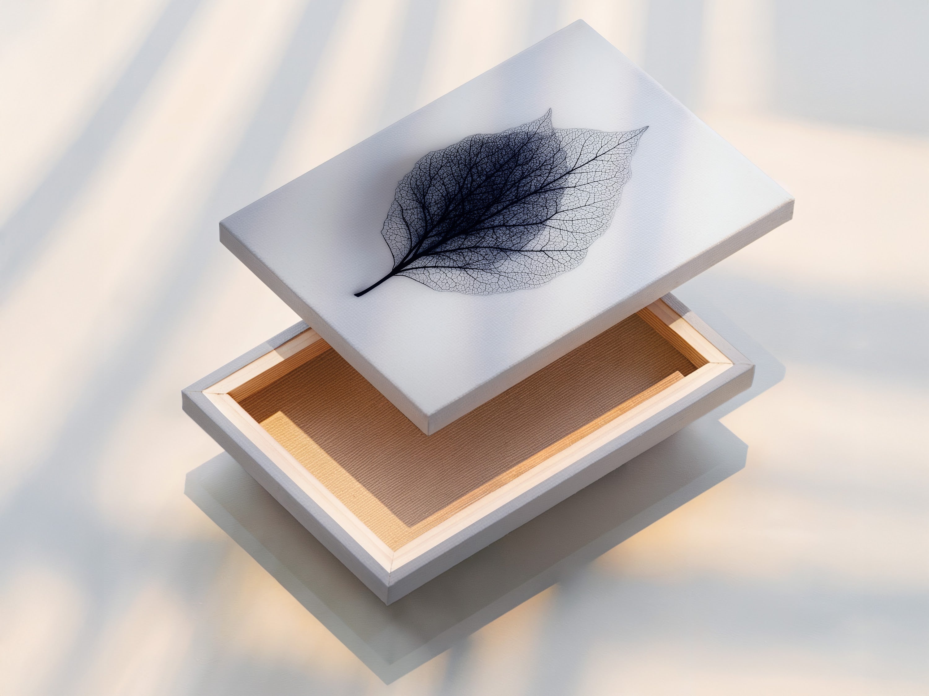 A stretched canvas print of leaf art. The stretched canvas print offers a gallery-wrapped look. It is ready to hang and display. The canvas texture enhances the artwork's depth. Transform your art into a canvas masterpiece.