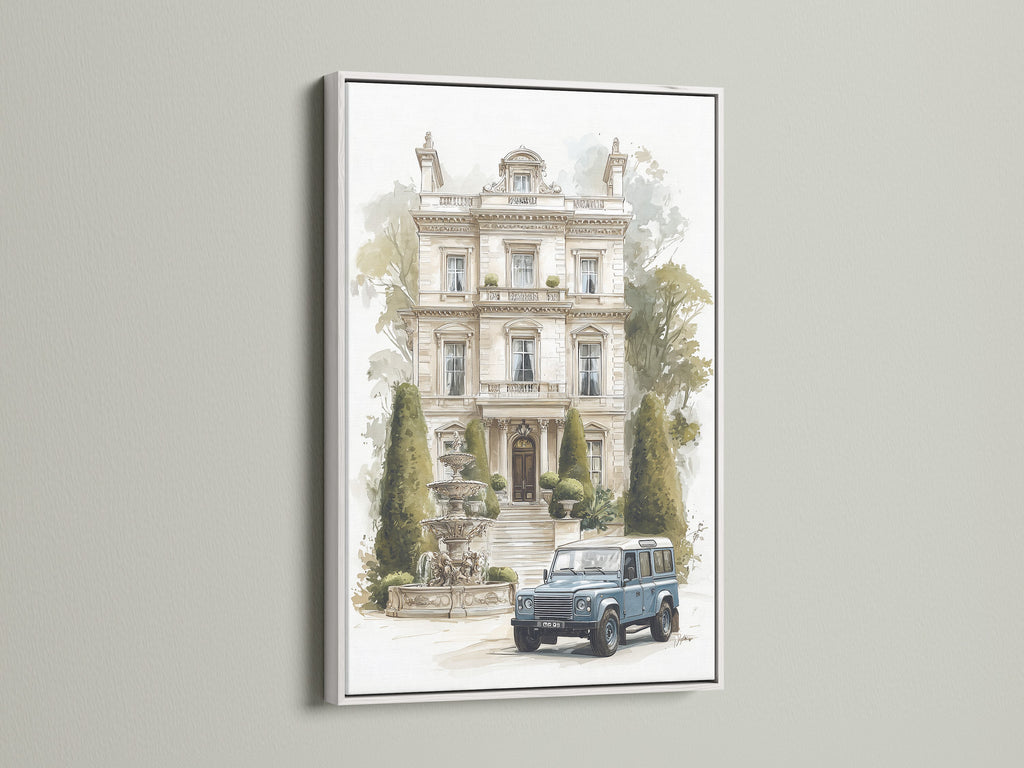 Vintage Anwesen mit Oldtimer - Aquarell Architektur Kunstdruck, Europäische Villa Wanddekoration, Traditioneller Wohndruck