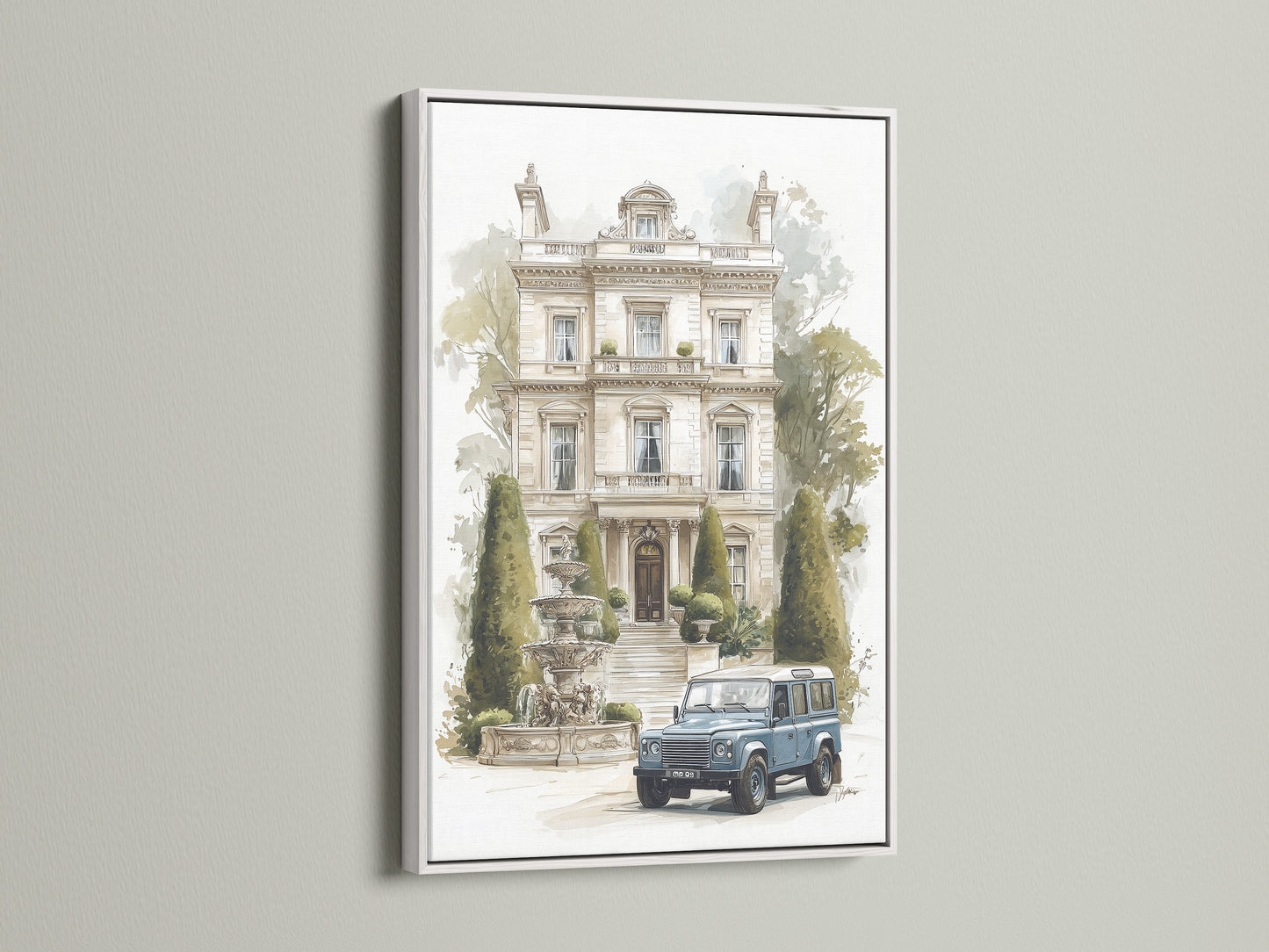 Manoir d'époque avec voiture classique - Impression d'art d'architecture à l'aquarelle, Décoration murale de villa européenne, Impression pour maison traditionnelle