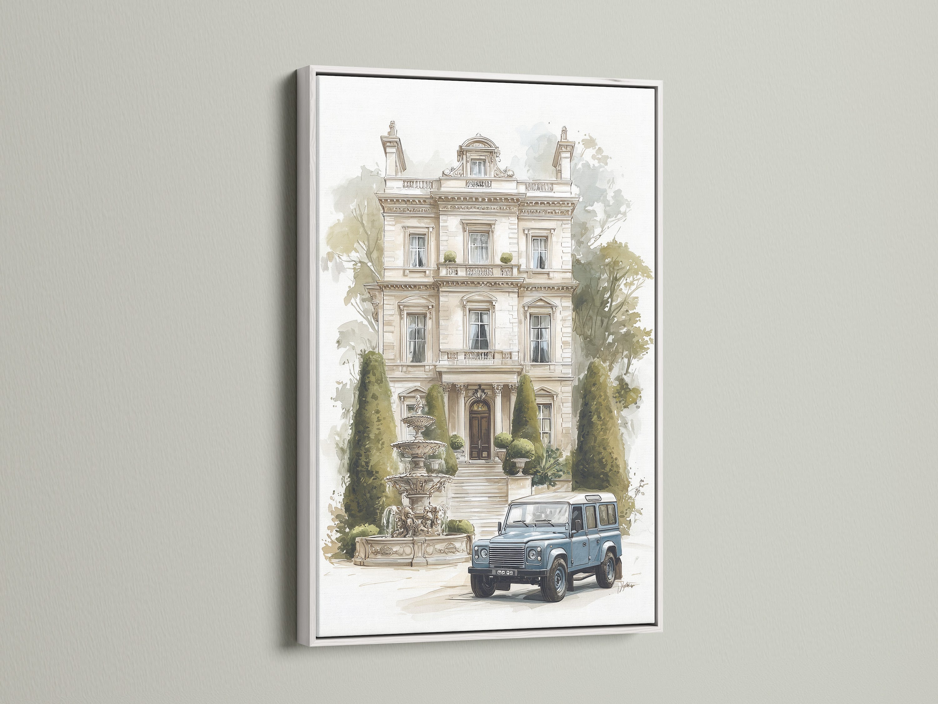 Vintage Estate Manor with Classic Car - Watercolor Architecture Art Print, European Villa Wall Decor, Traditional Home Print
