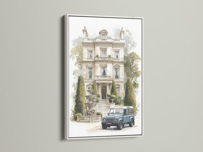 Manoir d'époque avec voiture classique - Impression d'art d'architecture à l'aquarelle, Décoration murale de villa européenne, Impression pour maison traditionnelle