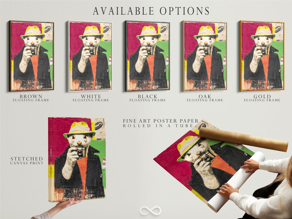 Explore available options for the Hipster Otter artwork. Choose from a stretched canvas print a fine art poster paper or a floating frame. Customize your artwork to match your style. Create a personalized art experience today.