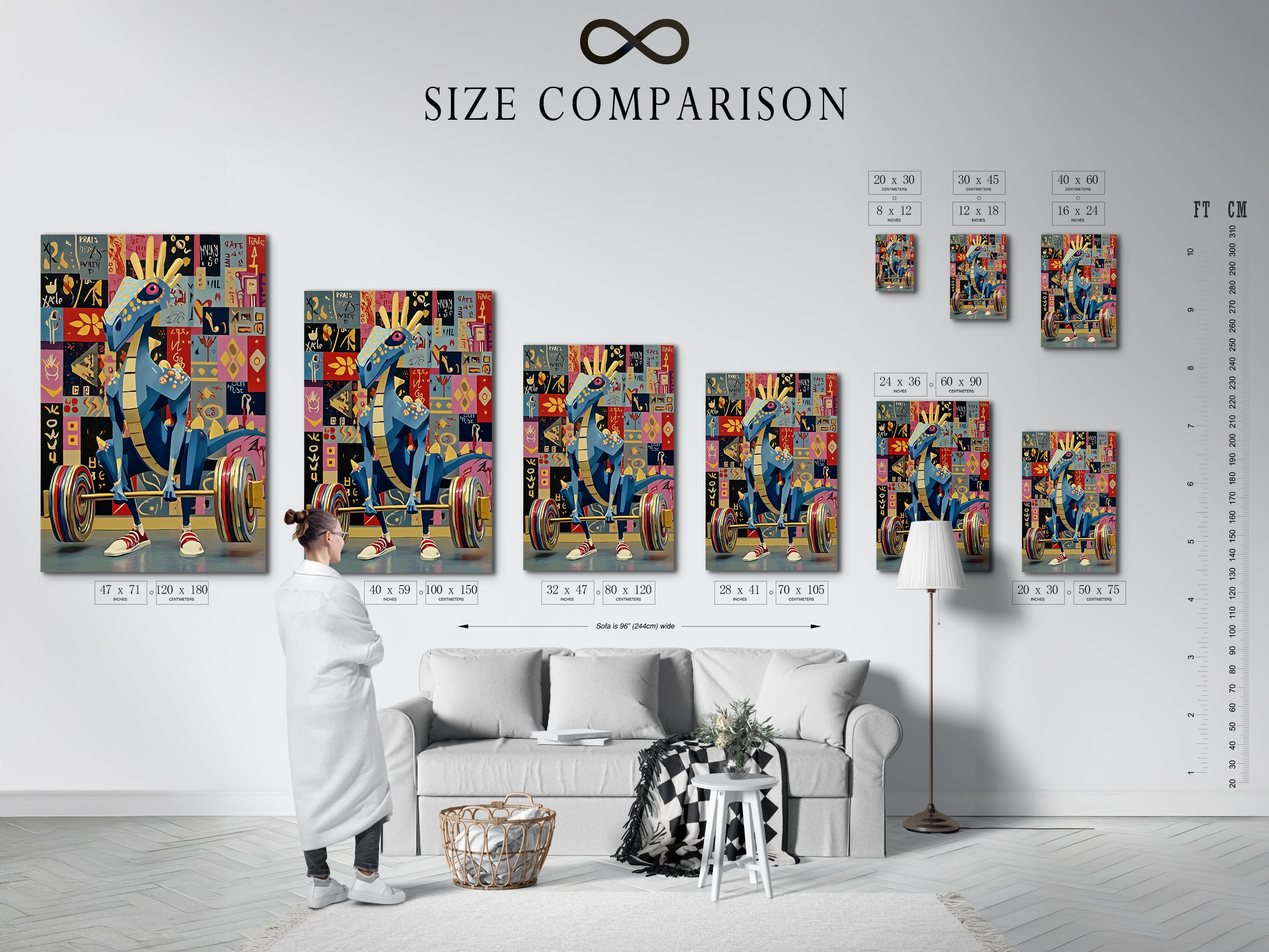 Size comparison chart of the weightlifting dragon artwork in an interior setting. This chart helps visualize the artwork's dimensions. This pop art featuring a blue dragon lifting weights will enhance gym wall decor. Perfect for fitness enthusiasts and home gym owners.