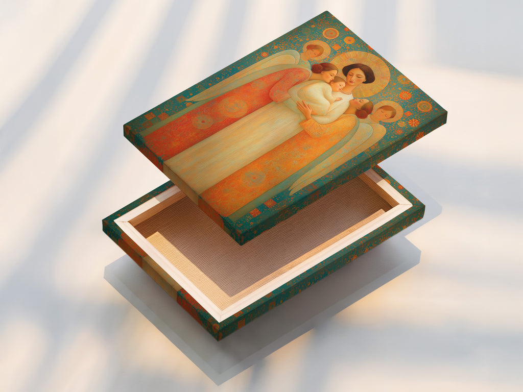 This is a stretched canvas print of the angel family artwork. The canvas print accentuates the art's bohemian and eclectic style. This religious wall art is perfect for any home. Add a touch of spirituality to your space with this sacred art. Explore our collection of faith wall art today.