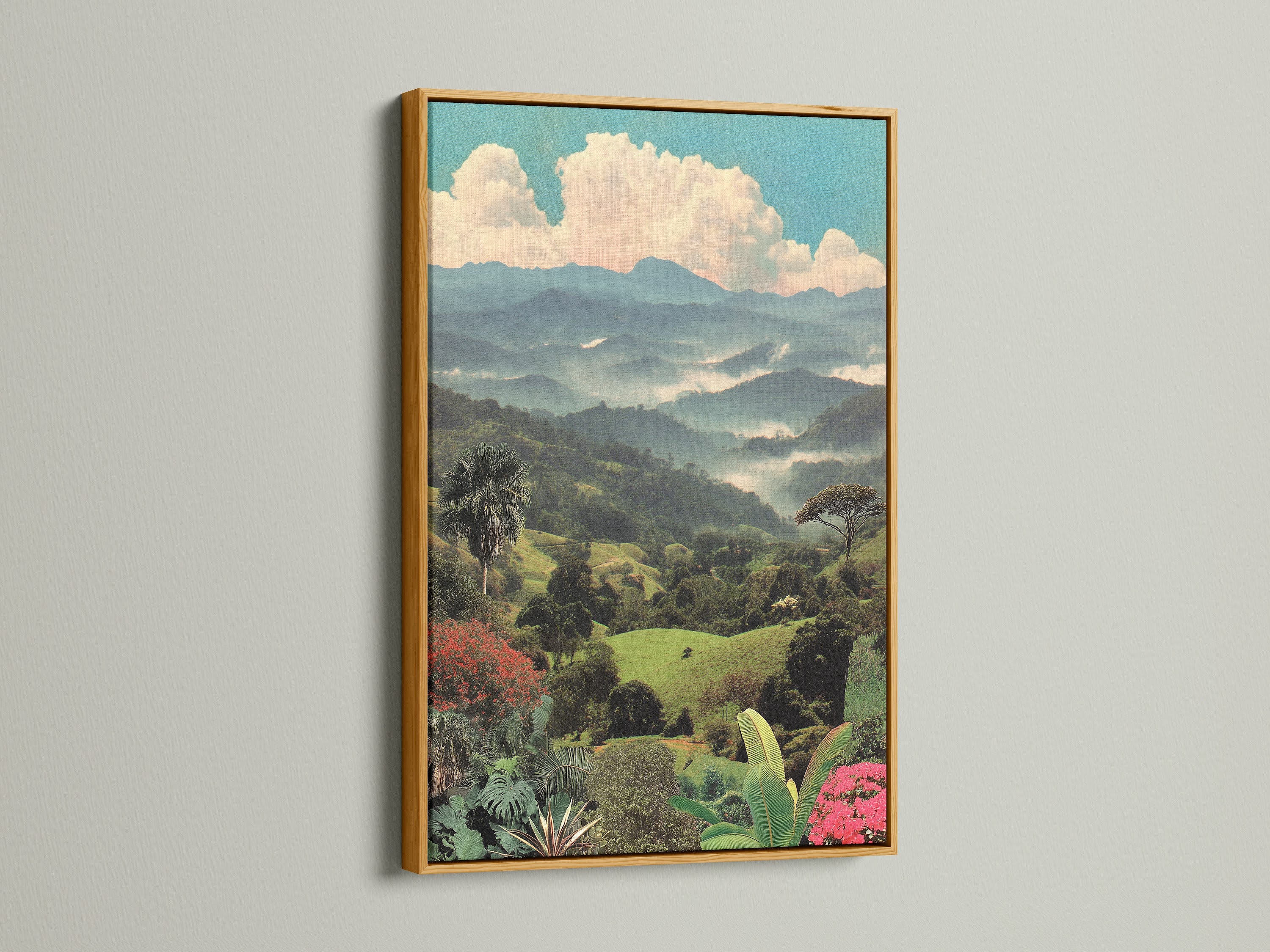 Elevate your decor with this tropical art in a gold frame. The landscape print features a vintage mountain scene. This botanical art adds a touch of paradise to any room. The scenery artwork is eye-catching.