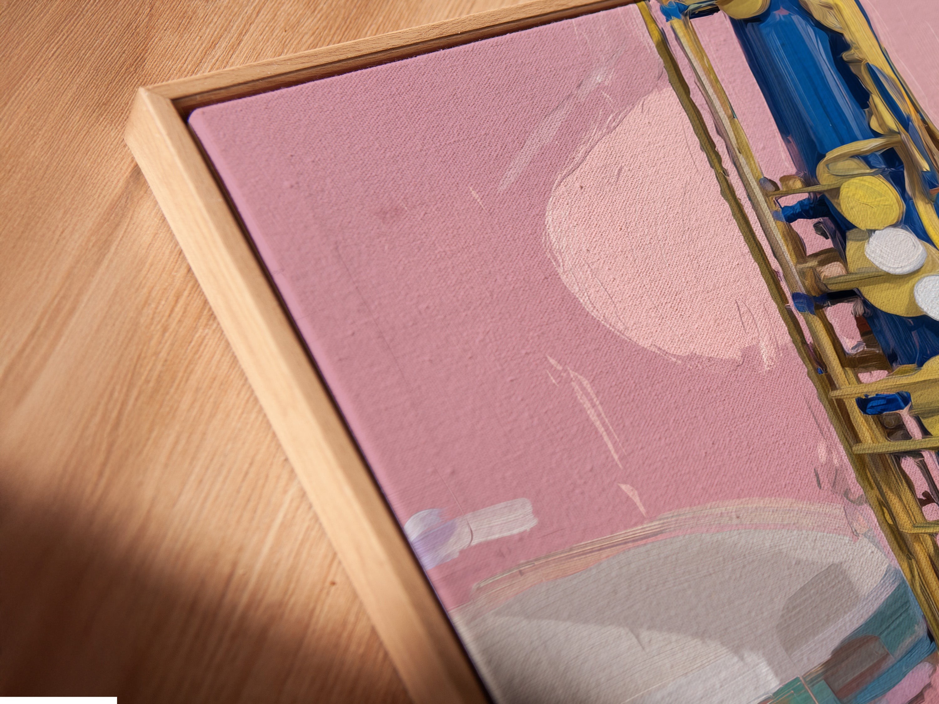 A close-up angled view shows a canvas print in a floating frame. The saxophone art is displayed. This modern jazz art is ideal for adding a contemporary touch to your decor. Perfect for music rooms or studios. This musical instrument poster is vibrant and eye-catching.