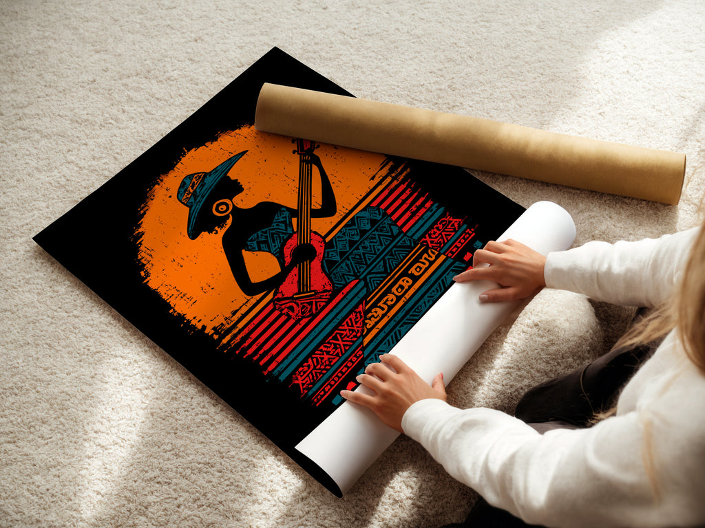 Afrikaanse vrouw gitaarspeler kunstprint - tribale muziekmuurkunst, bohemien decor, oranjezwarte poster, culturele muziekkunst