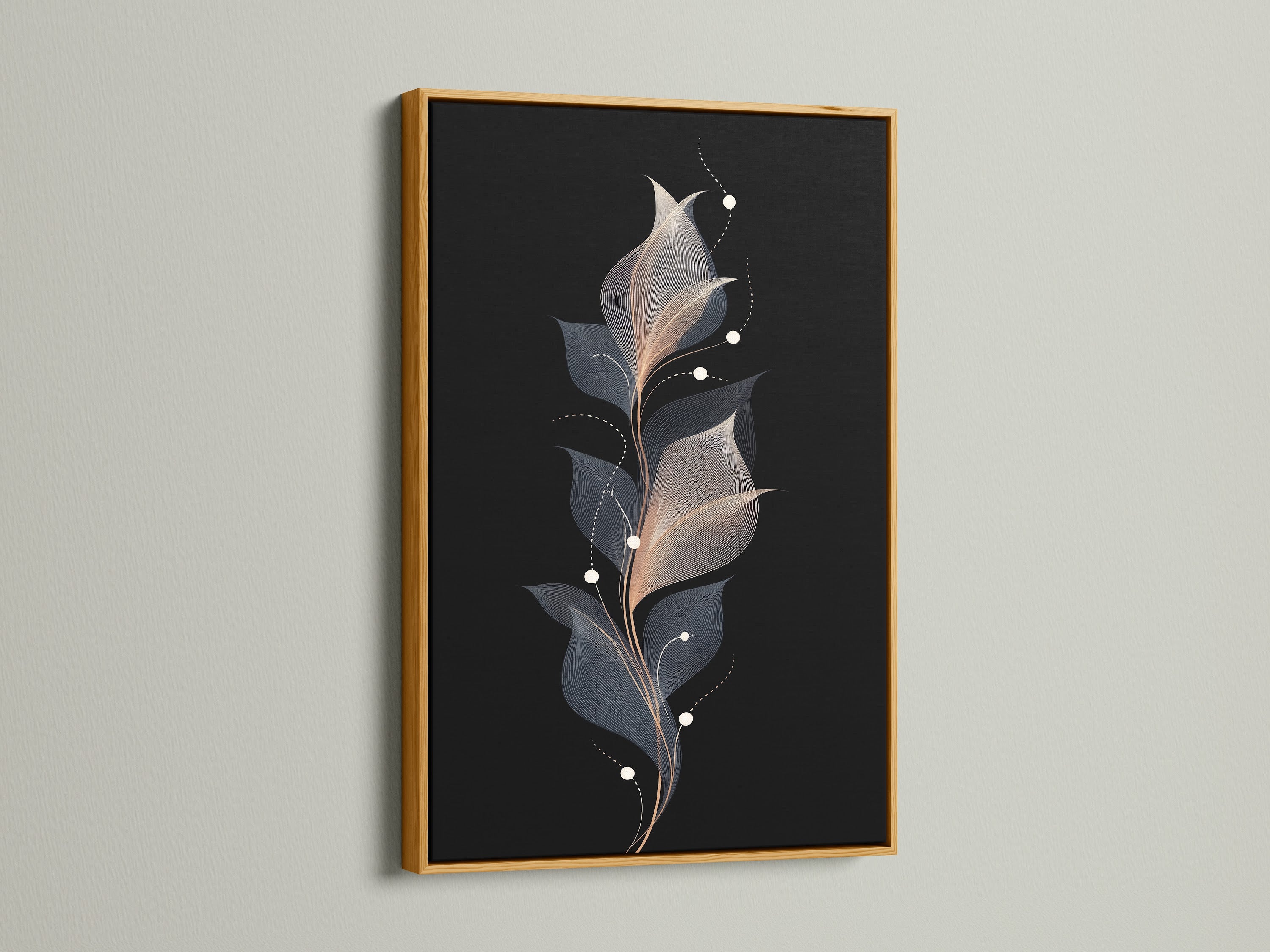 Floral line art canvas print in a gold frame. This abstract flower wall art is a modern botanical artwork. Consider this elegant flower illustration for your bedroom. The minimalist art has a contemporary style.