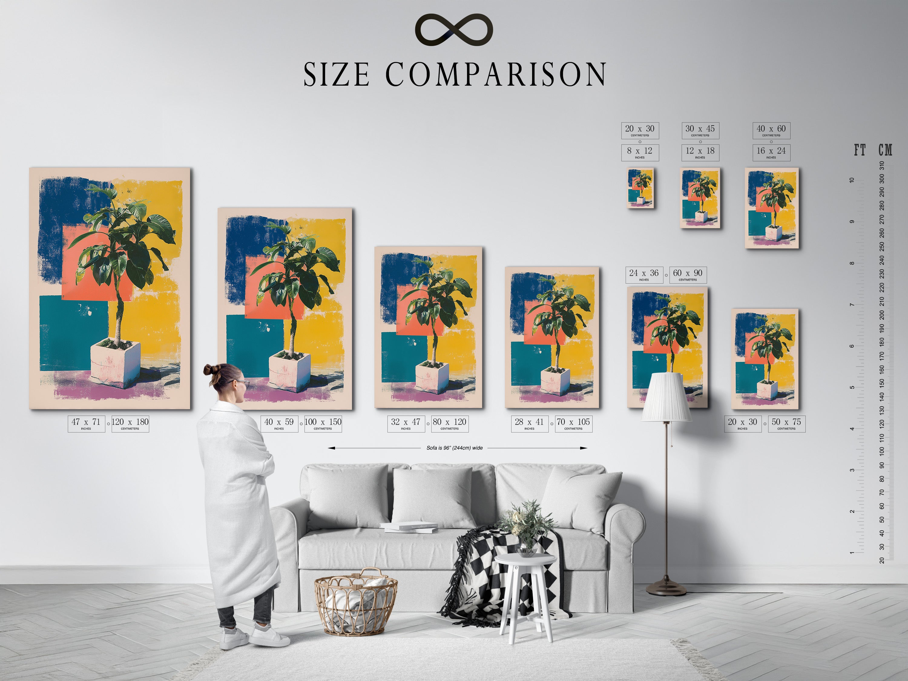 A size comparison chart is displayed in an interior setting. This helps you visualize the different art print sizes. Choose the perfect size for your space. The size chart provides a clear comparison. Plan your gallery wall with confidence.