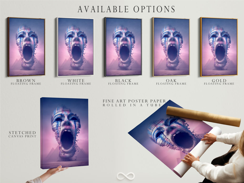 Available options are displayed including a stretched canvas print. A fine art poster paper and a floating frame are also visible. This showcases the versatility of the surreal face digital artwork. Choose the perfect format for your modern decor.