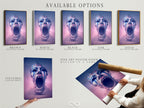 Available options are displayed including a stretched canvas print. A fine art poster paper and a floating frame are also visible. This showcases the versatility of the surreal face digital artwork. Choose the perfect format for your modern decor.