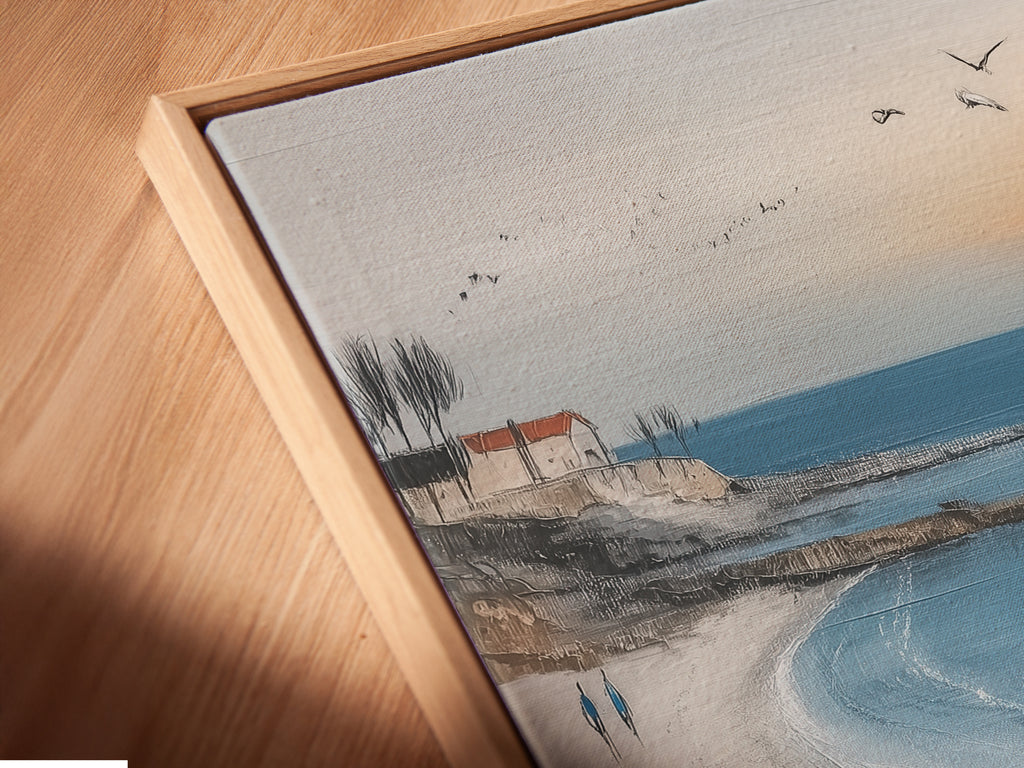 A close-up angled view of a canvas print in a floating frame. The coastal wall art is modern and stylish. The beach canvas art seems to float within the frame. Ocean sunset print brings a contemporary touch. Perfect for showcasing seaside landscapes.