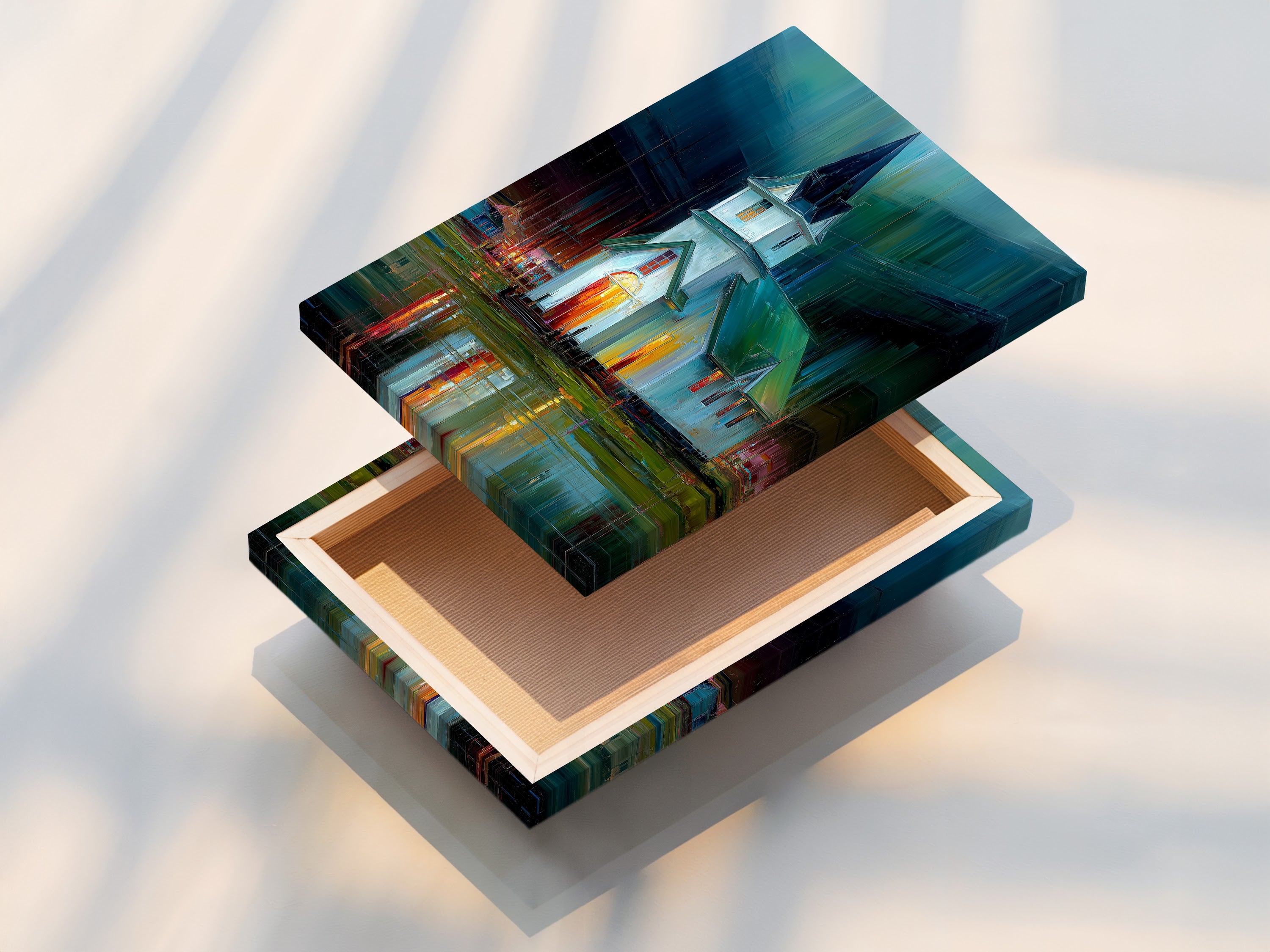 A stretched canvas print of the Church at Night artwork. The teal and orange hues bring a modern touch to any room. This religious wall art is perfect for creating a calming atmosphere. Ideal for homeowners renters and interior designers seeking elevated artwork. Enhance your office decor with this architectural art print.