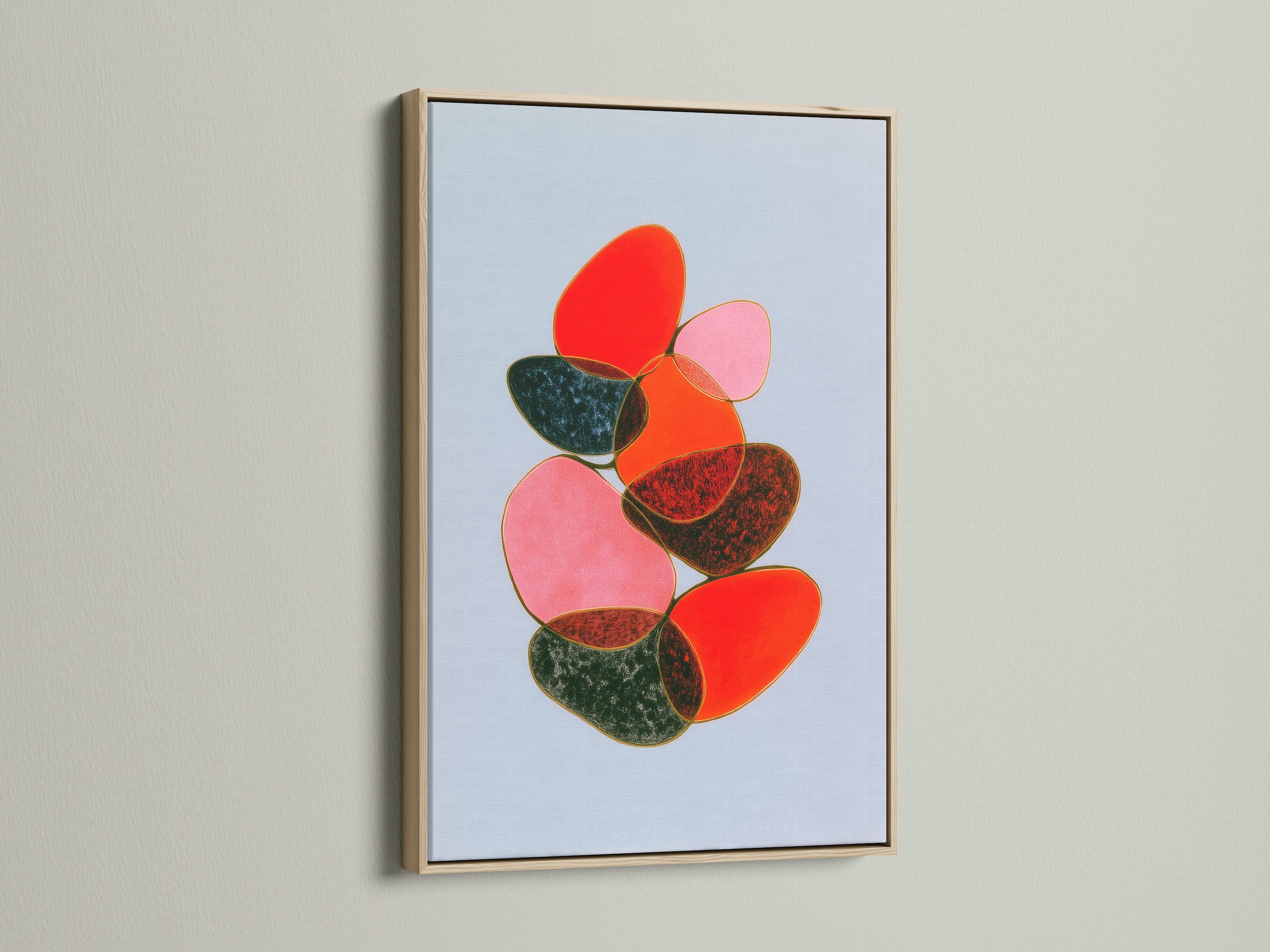 View the abstract stone artwork with an oak frame. The frame enhances the colorful balance art for your living space. This modern canvas art suits contemporary home decor styles. A beautiful geometric wall art.