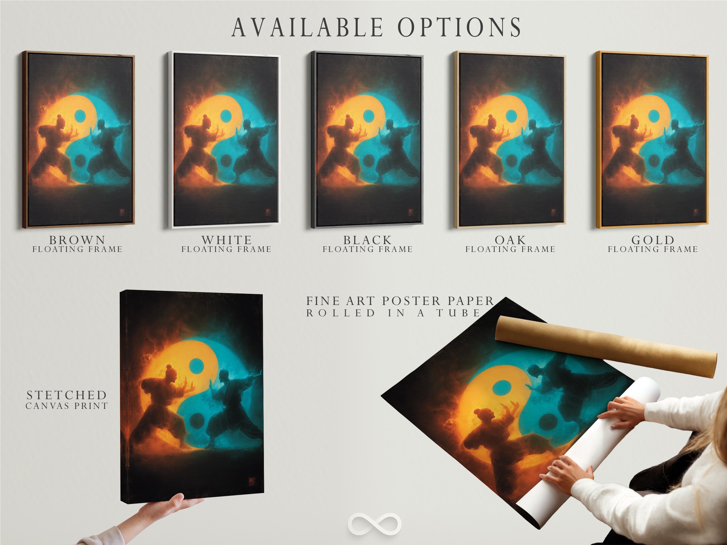 Discover available options like stretched canvas print. Fine art poster paper and floating frames are displayed. Choose the perfect medium and frame style. This can match your personal taste. Customize your art display today.