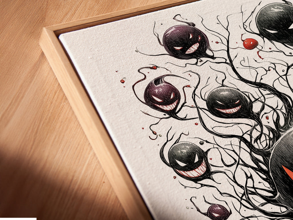 Angled close-up of a canvas print displayed in a floating frame. The floating frame creates a modern gallery look for your wall art. See how this framing option enhances the ghostly haunter artwork. Perfect for home or office.