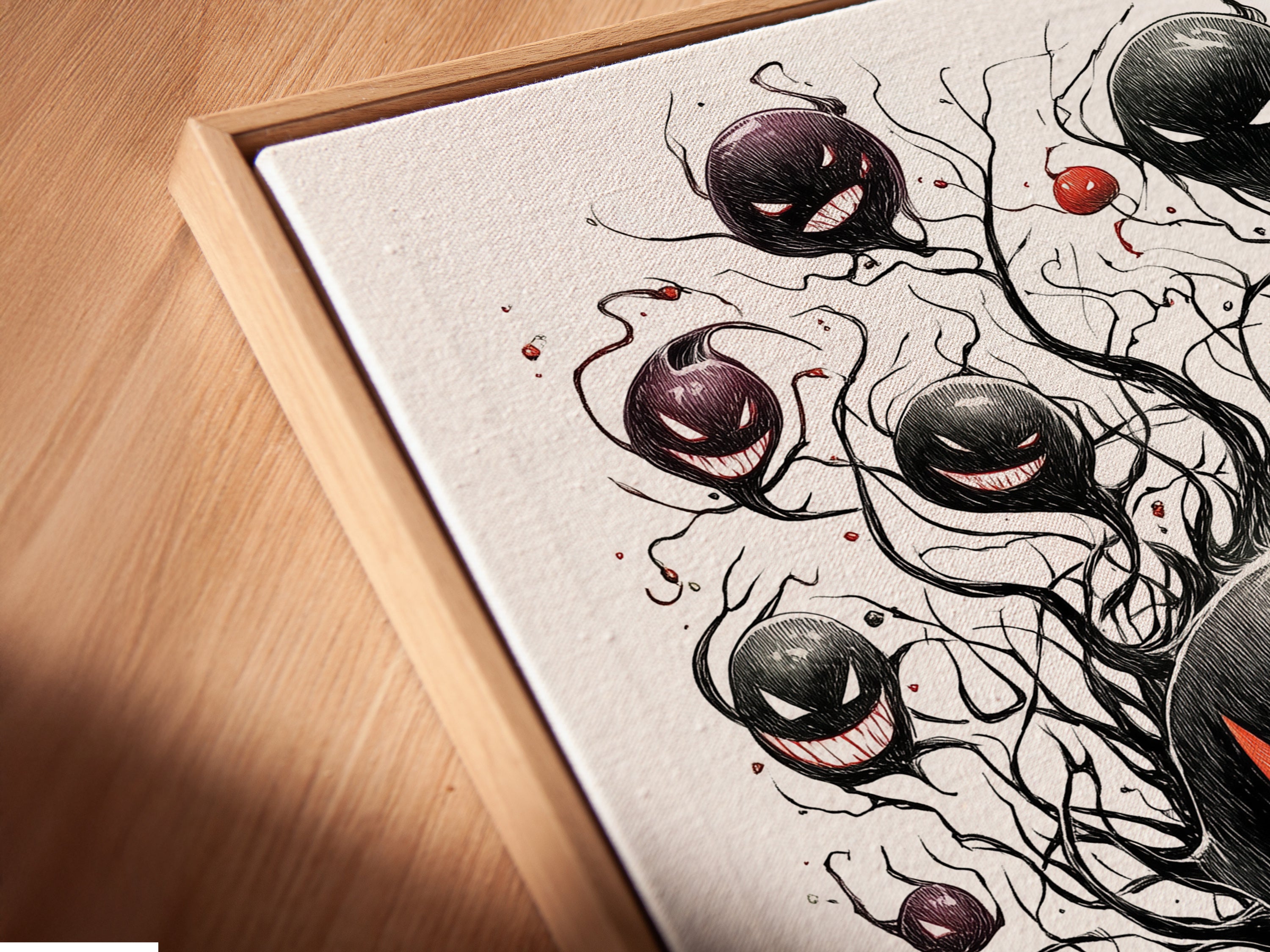 A close-up angled view shows a canvas print in a floating frame. The ghostly gathering artwork stands out. This print is an ideal piece of spooky wall decor for gamers. It is great for adding eerie artwork to your space.