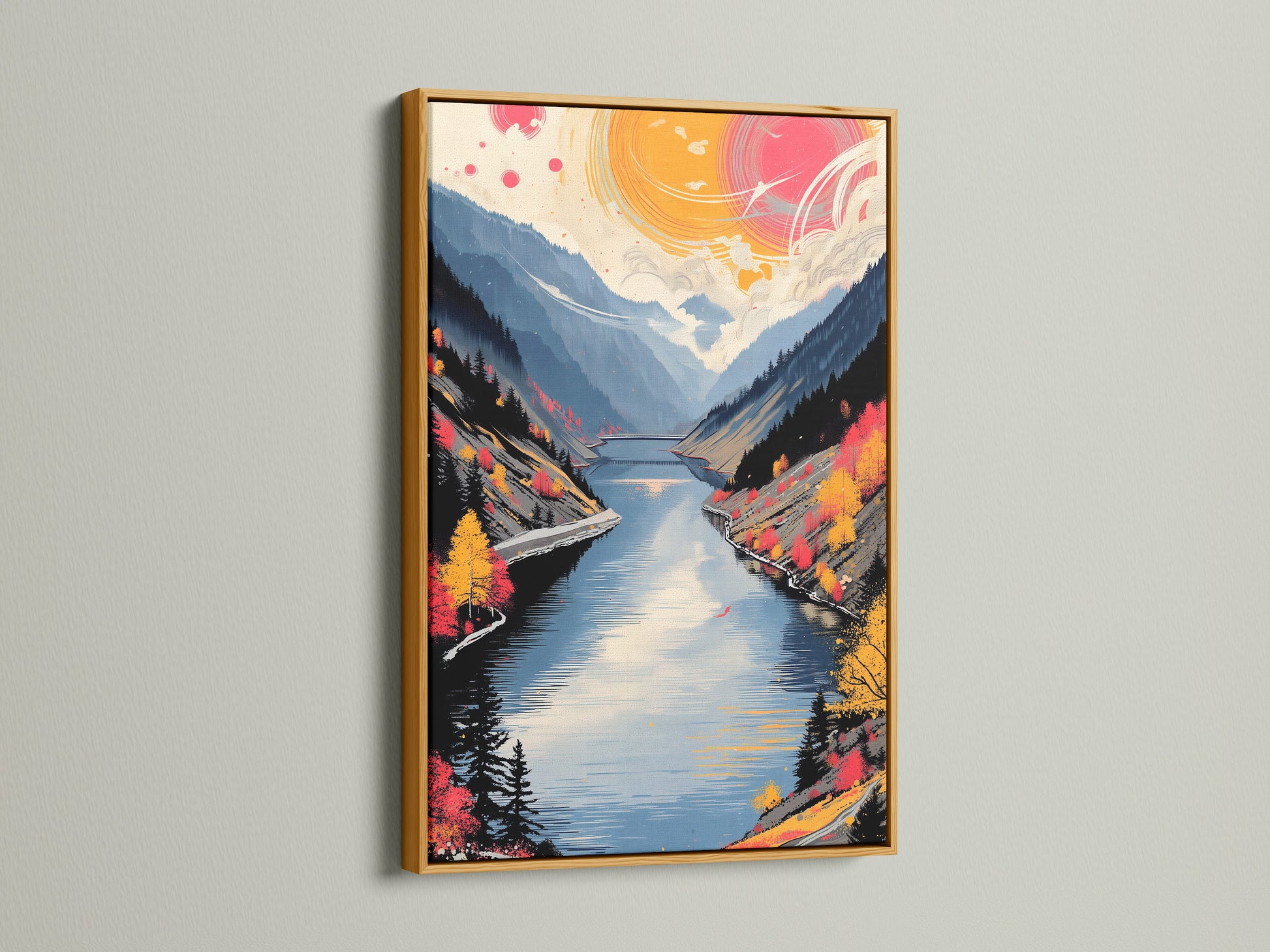 Modern mountain lake art in a gold frame. The artwork presents an autumn landscape with teal and coral colors. This nature canvas print brings a touch of luxury and sophistication to living rooms bedrooms or offices. Elevate your wall decor today.
