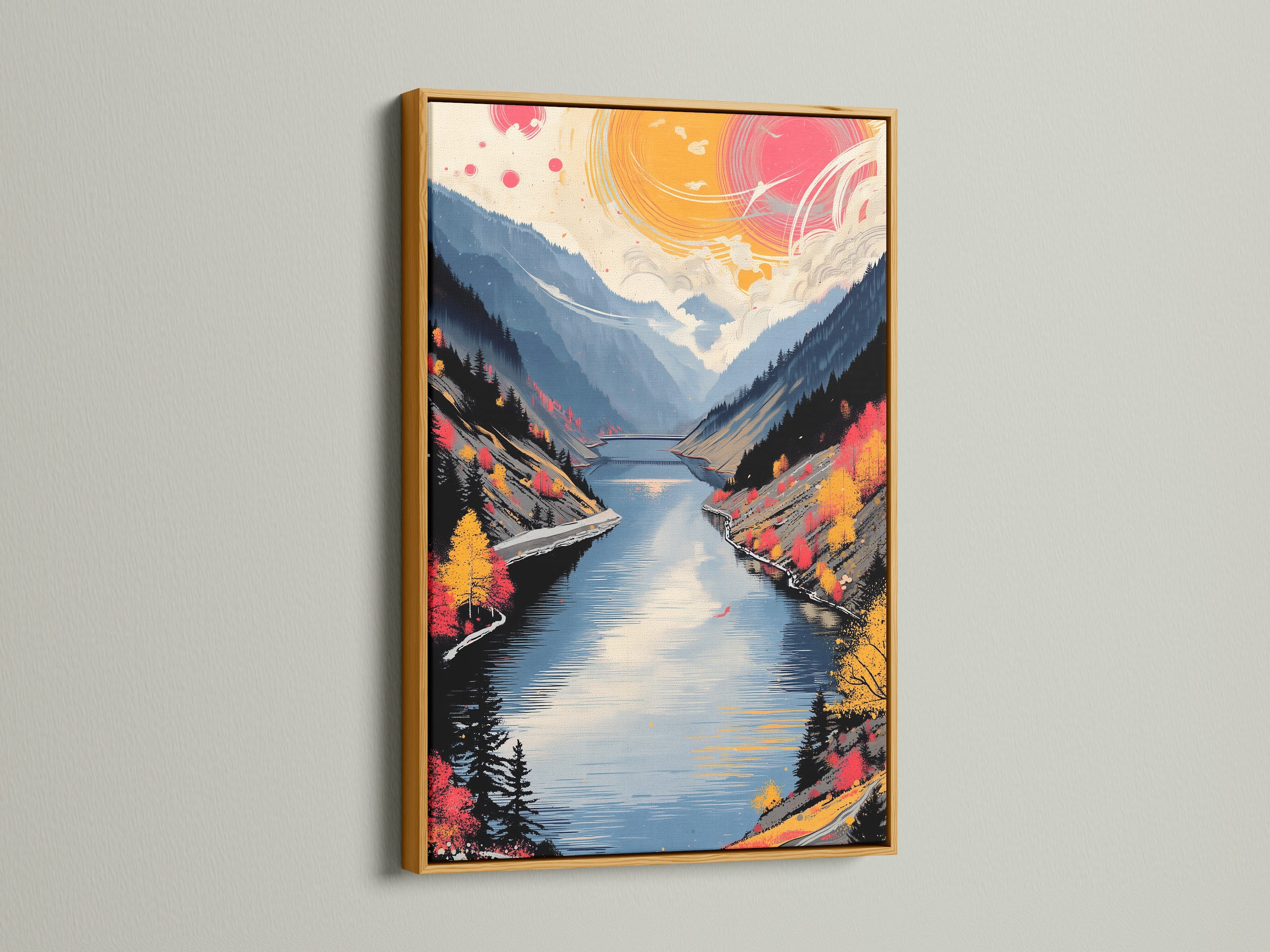 Modern mountain lake art in a gold frame. The artwork presents an autumn landscape with teal and coral colors. This nature canvas print brings a touch of luxury and sophistication to living rooms bedrooms or offices. Elevate your wall decor today.