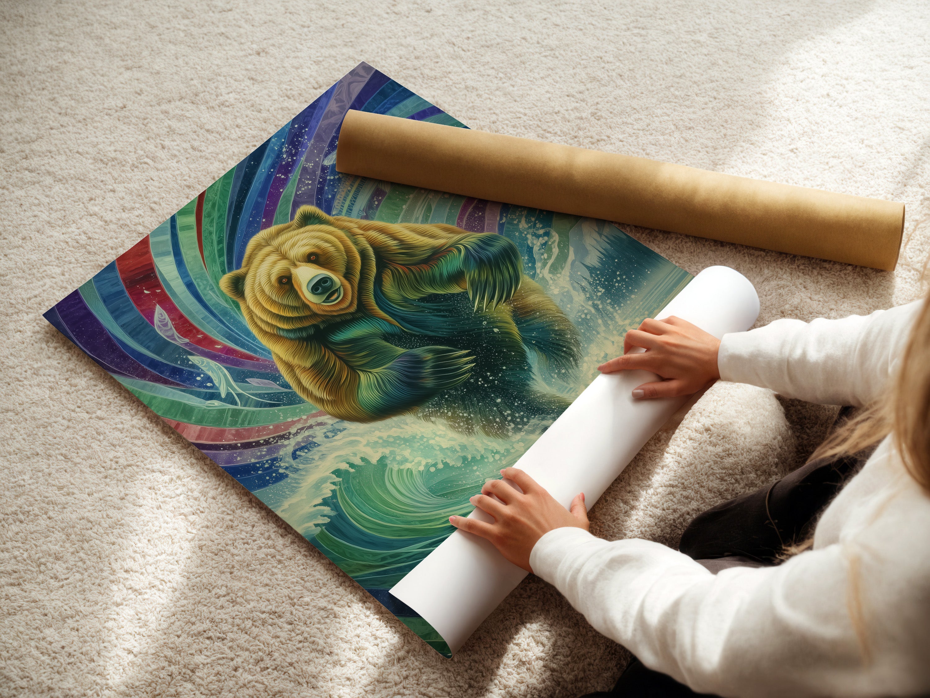 A woman is rolling a fine art poster paper featuring Mystical Grizzly Bear art. This wildlife art print is perfect for adding a touch of nature to your home. The artwork depicts a bear emerging from water with colorful details. Add this to your cart today