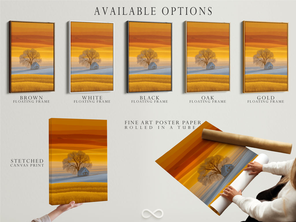 Explore available options for this farmhouse landscape artwork. Choose from a stretched canvas print or fine art poster paper. Consider a floating frame to enhance the golden field wall art. Customize your country house photography today.