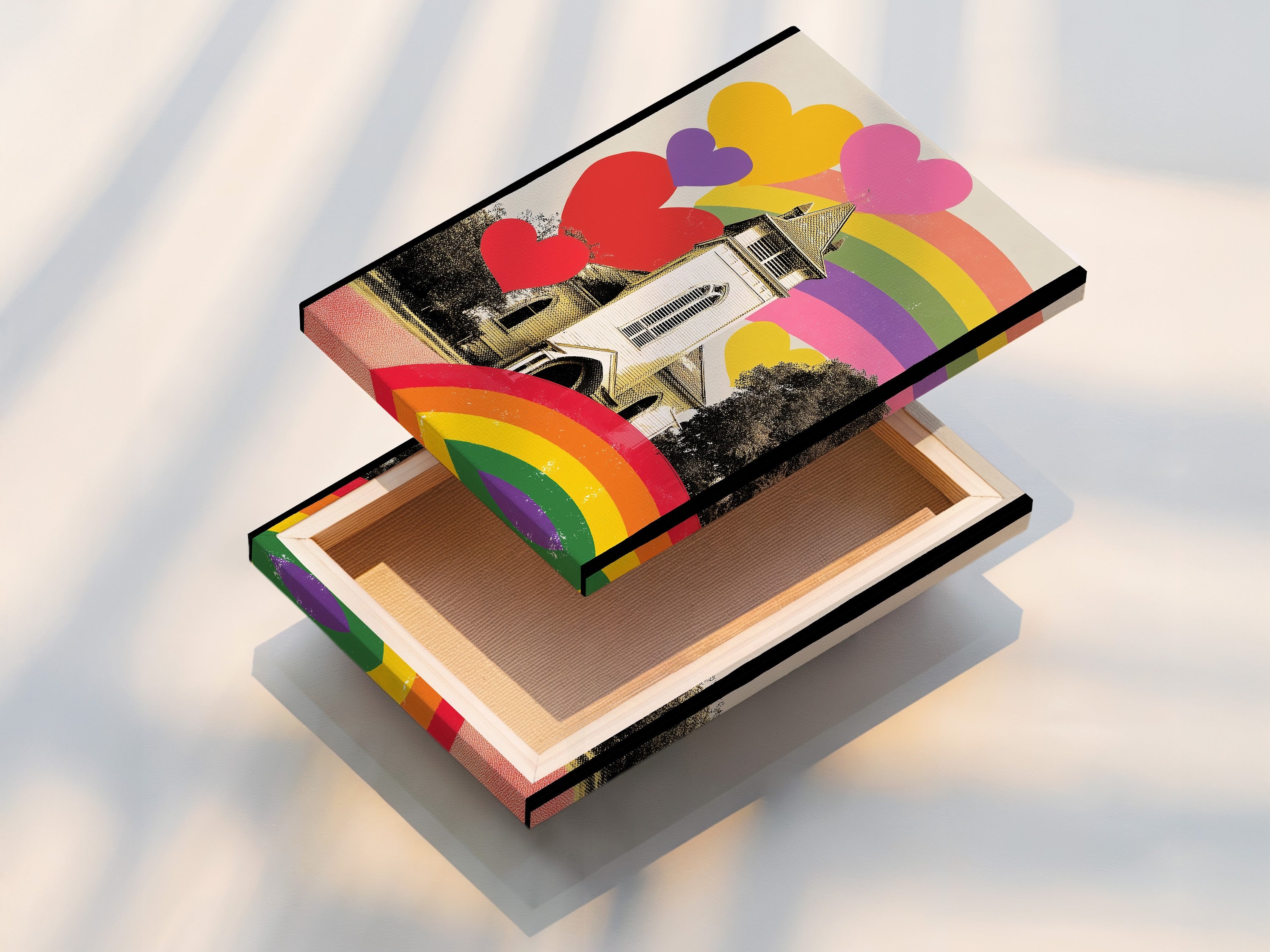 A stretched canvas print is displayed. The artwork features a church with hearts and rainbows. Stretched canvas prints offer a ready-to-hang solution. No framing is needed. The canvas adds texture and depth to the artwork. Enhance your space today