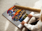 A woman is rolling a fine art poster paper. This high-quality paper ensures your artwork looks its best. Perfect for sushi artwork and unique wall art. The paper enhances the colors and details of the print.