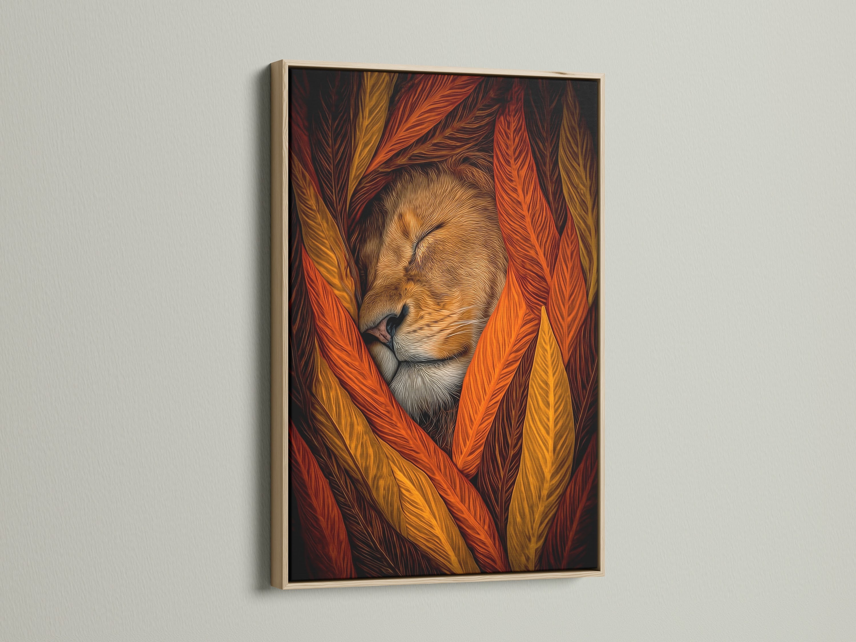 An oak frame showcases a captivating sleeping lion artwork. The warm autumn colors enhance the rustic home decor. This animal canvas adds a touch of wildlife art to any room. Ideal for nature enthusiasts.