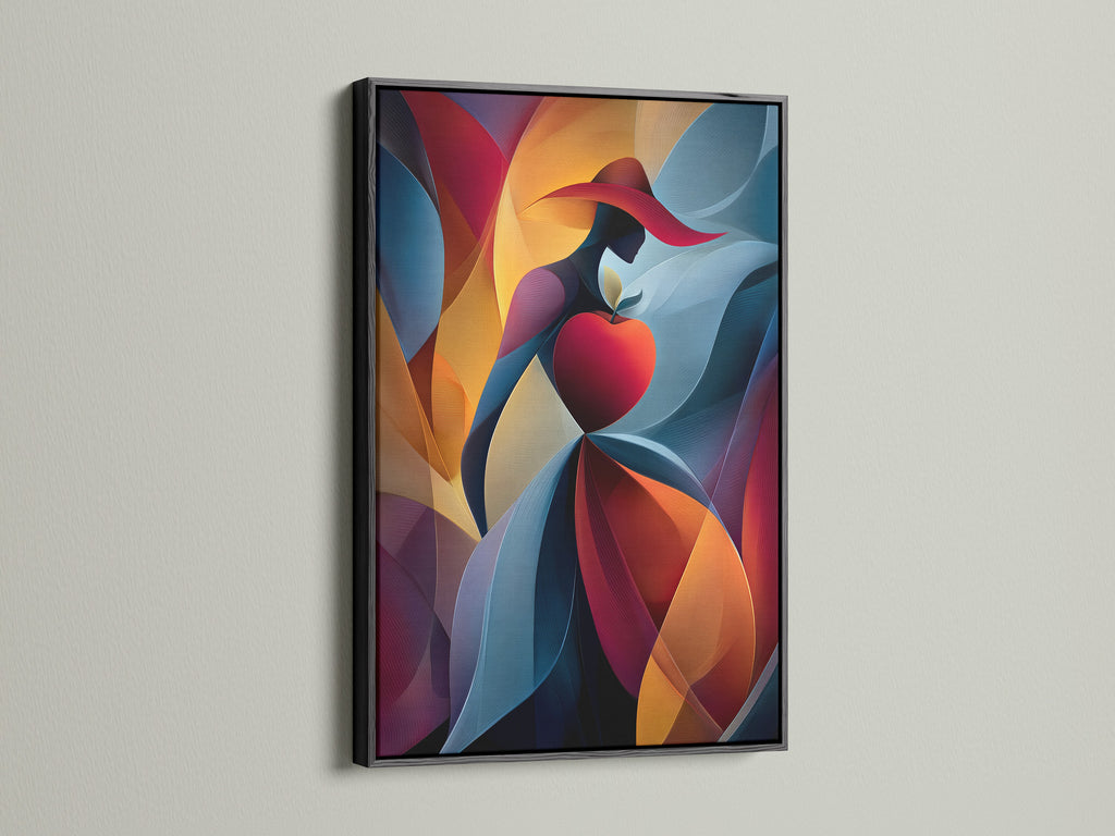 A black frame displays an abstract artwork. The artwork features a woman in a red hat holding a red apple. The artwork has a bold color palette. Black frames offer a classic and sophisticated look for artwork.