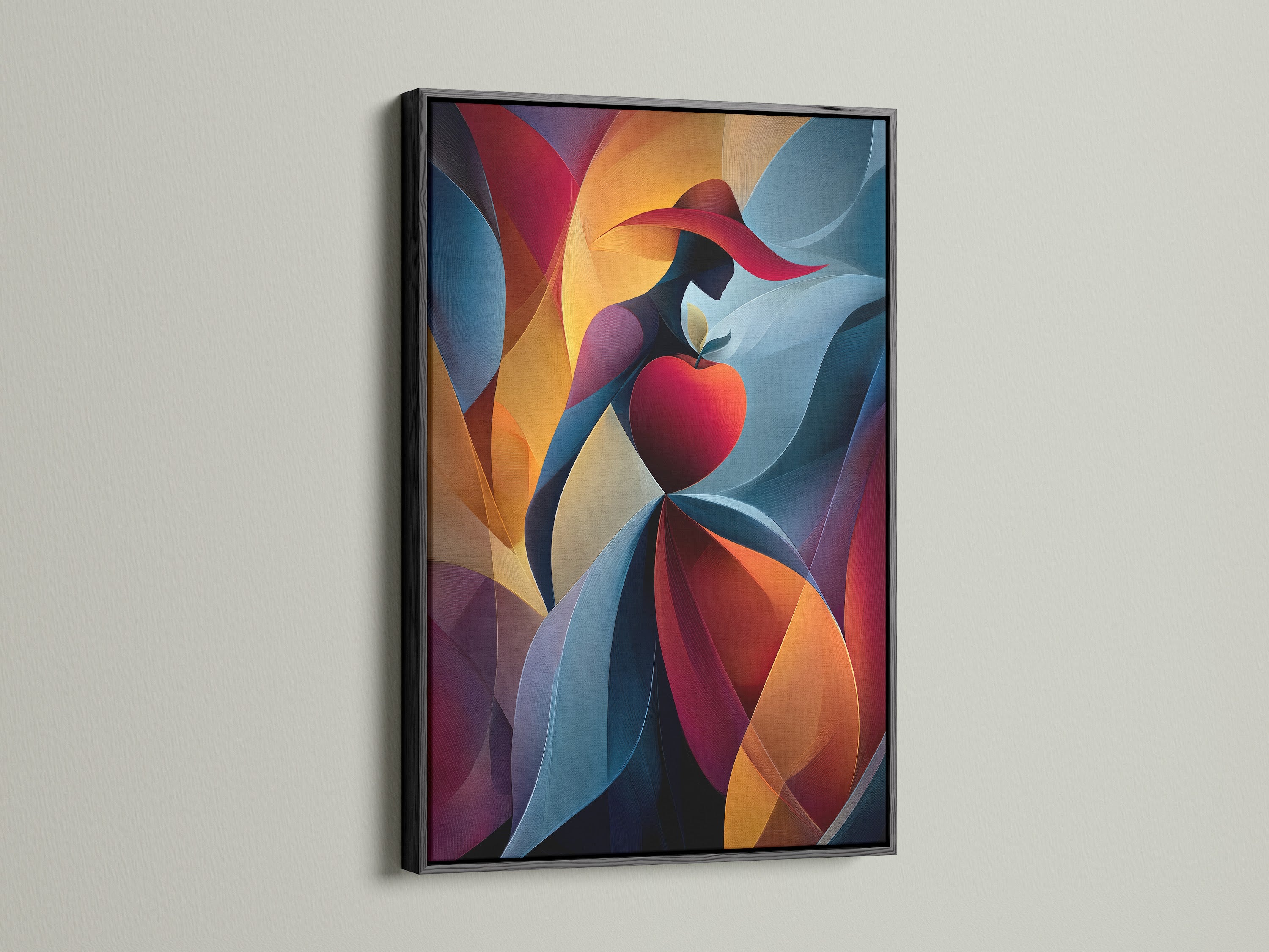 A black frame displays an abstract artwork. The artwork features a woman in a red hat holding a red apple. The artwork has a bold color palette. Black frames offer a classic and sophisticated look for artwork.