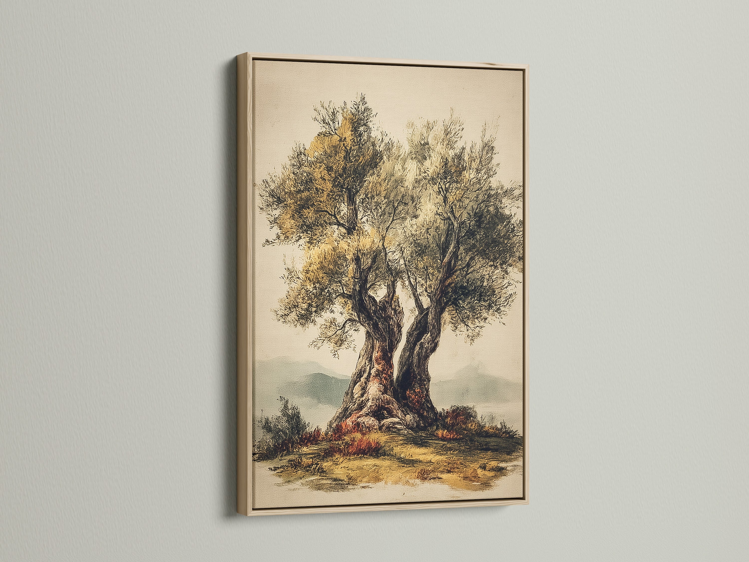 A close up of an oak frame featuring an artwork of a tree. The oak frame adds warmth. The artwork is displayed on a clean white wall. This frame enhances the artwork.