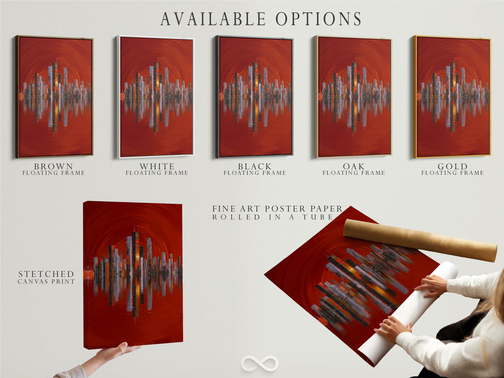 Explore available options including stretched canvas prints fine art poster paper and floating frames. Find the perfect format for your city skyline artwork. The red abstract urban art will enhance any space. It's architectural artwork at its best.