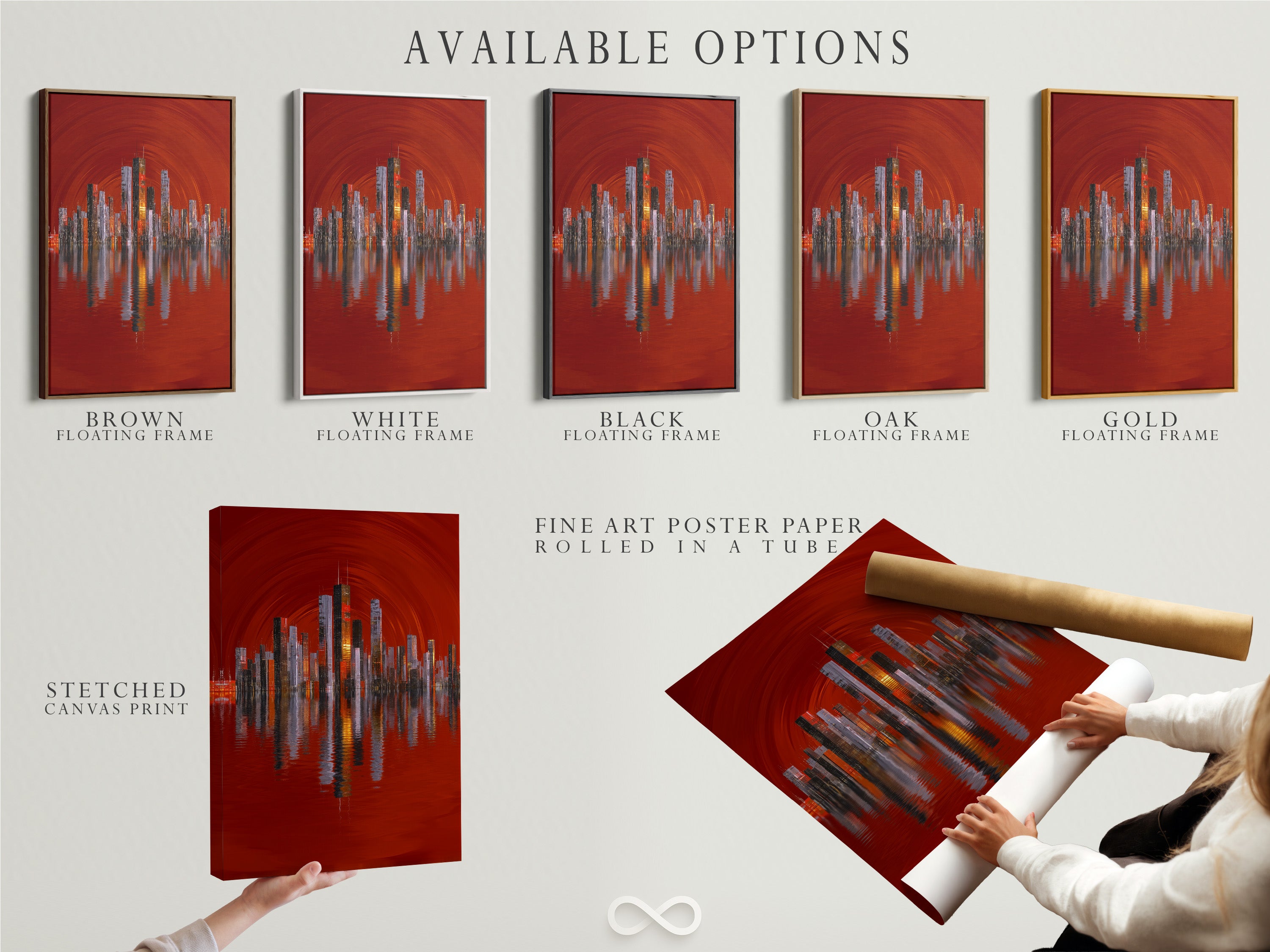 Explore available options including stretched canvas prints fine art poster paper and floating frames. Find the perfect format for your city skyline artwork. The red abstract urban art will enhance any space. It's architectural artwork at its best.