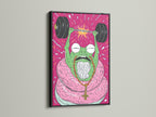 Fitness Frog artwork in a black frame. This weightlifting gym art makes a statement. Add a quirky motivational poster to your home gym. The fitness wall decor can inspire your workout.