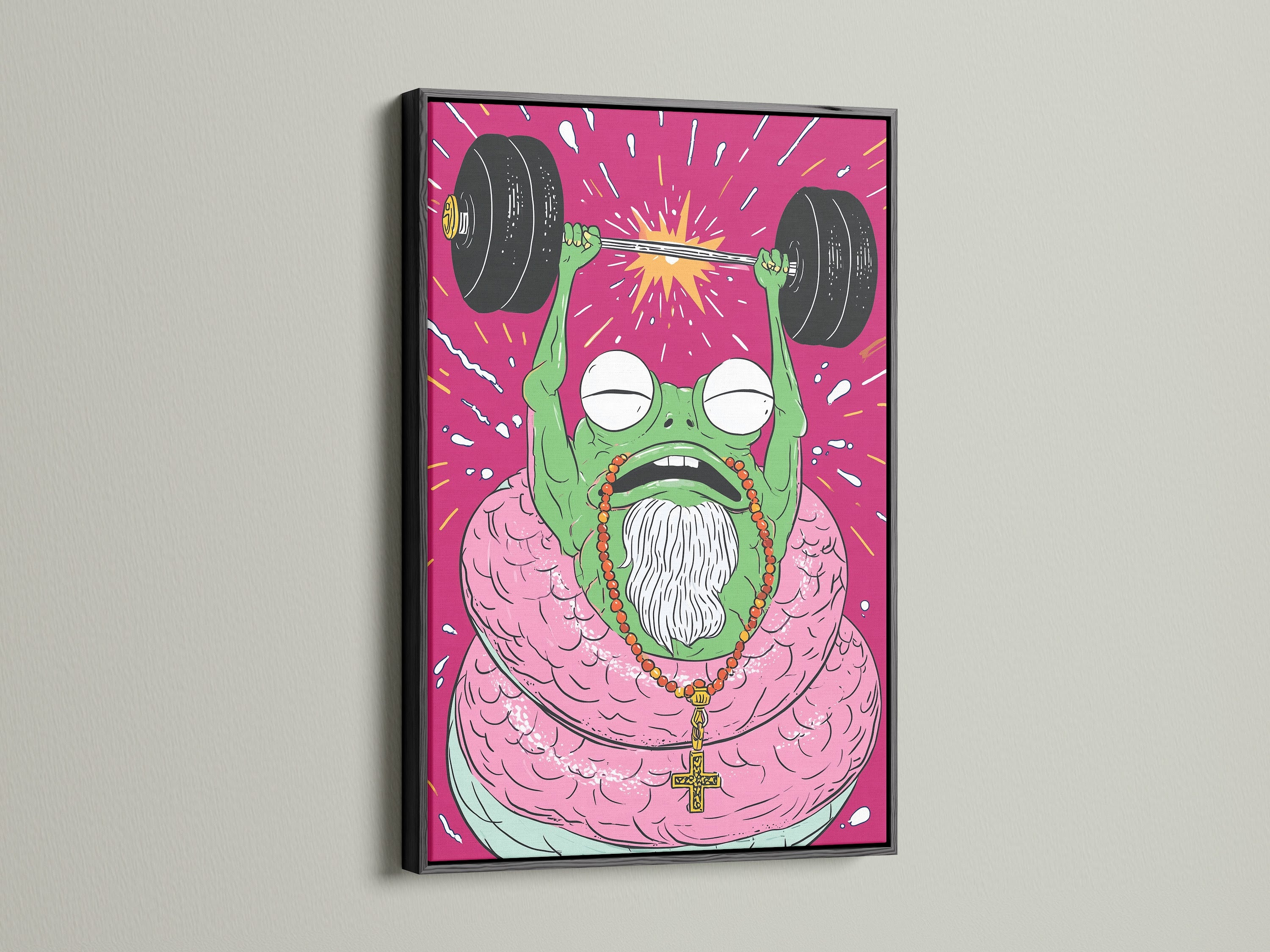 Fitness Frog artwork in a black frame. This weightlifting gym art makes a statement. Add a quirky motivational poster to your home gym. The fitness wall decor can inspire your workout.