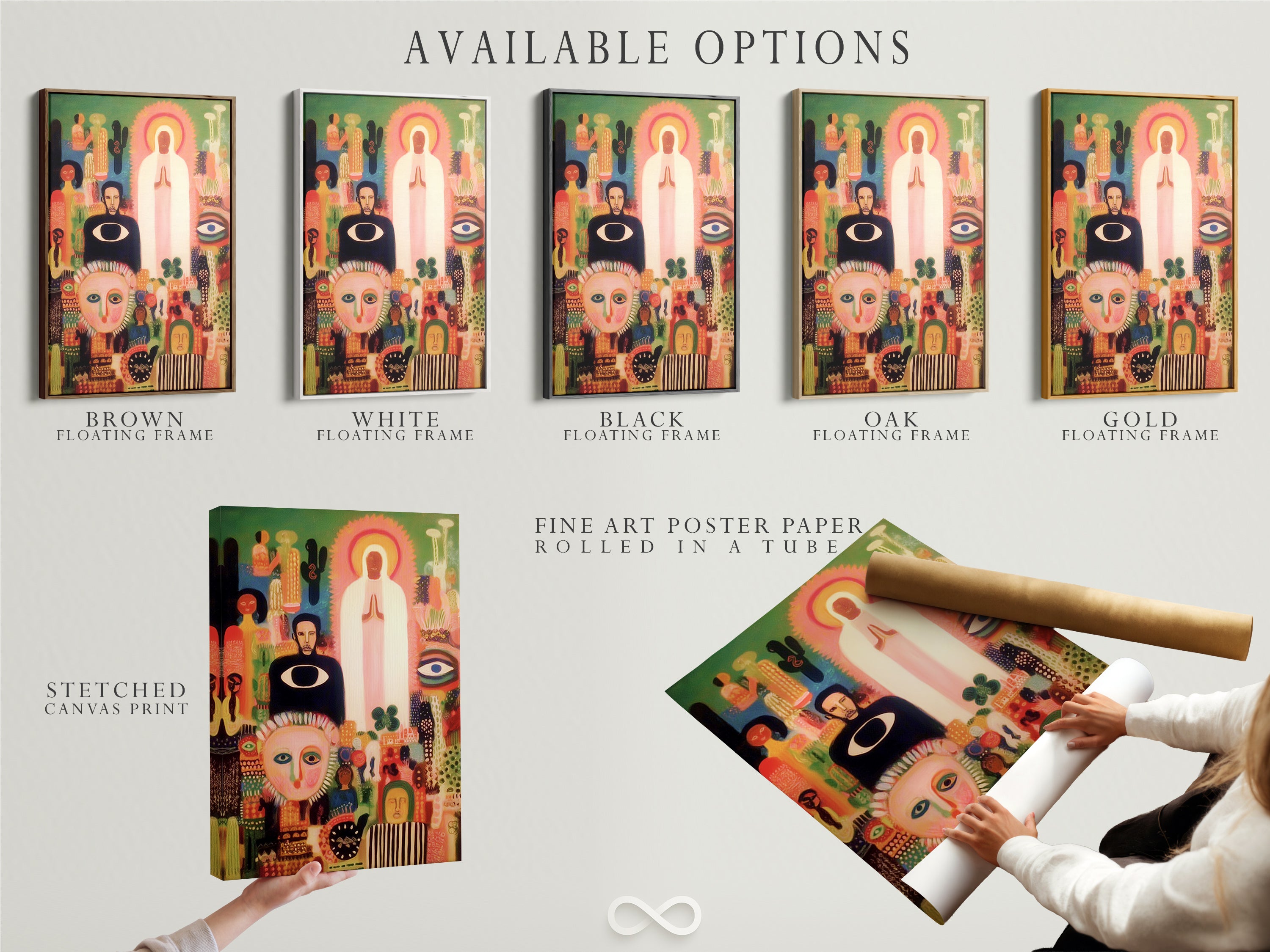 Available options for folk art prints: stretched canvas print fine art poster paper and floating frame. Customize your mystical spiritual wall art. Select the perfect medium and frame for your abstract faces art. Enhance your meditation room decor.