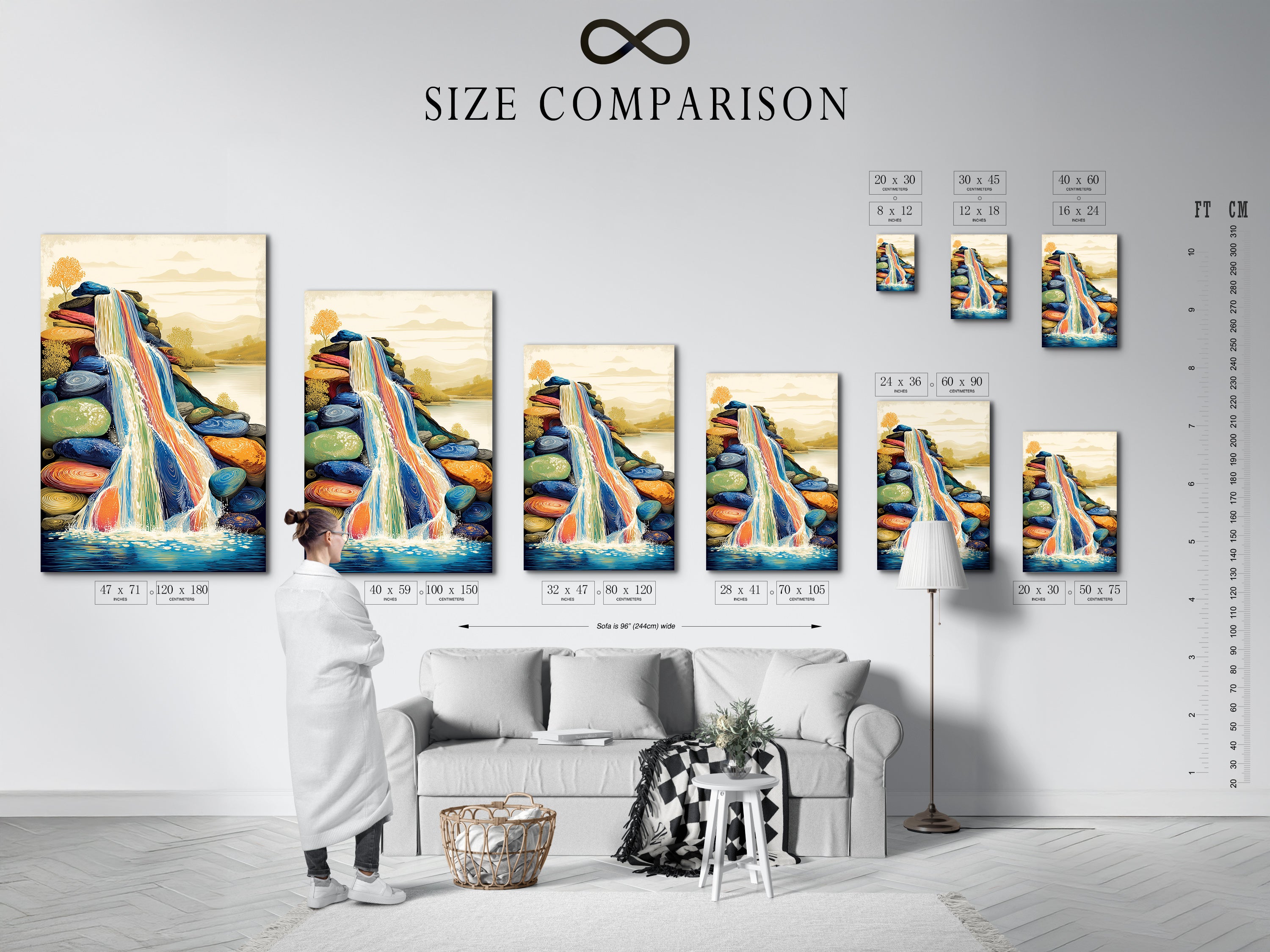 A size comparison chart is shown in an interior setting. Displaying various sizes of the colorful waterfall artwork. Choose the perfect fit for your space. Available as a canvas print or fine art poster.