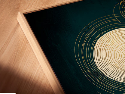 Close-up of a canvas print in a floating frame. The abstract geometric artwork features emerald green and gold. The floating frame adds depth. It's ideal for a contemporary art collection.
