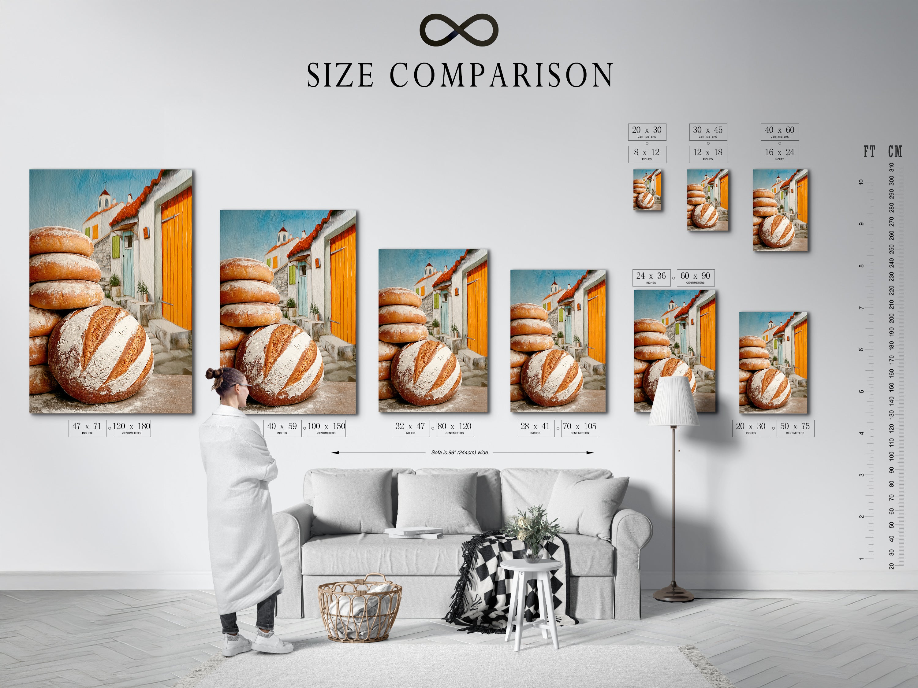 Size comparison chart in an interior setting. Showing available sizes for rustic artwork. Ideal for homeowners renters and interior designers. It suits farmhouse country or French-inspired styles. The artwork adds warmth to any space.