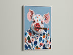 A vibrant pig art canvas print is presented in a white frame. The artwork features a colorful farm animal with a cigar. This whimsical kitchen decor is perfect for adding a playful touch to your home. The pig artwork brings a quirky and humorous vibe. It's a delightful addition to any art collection.